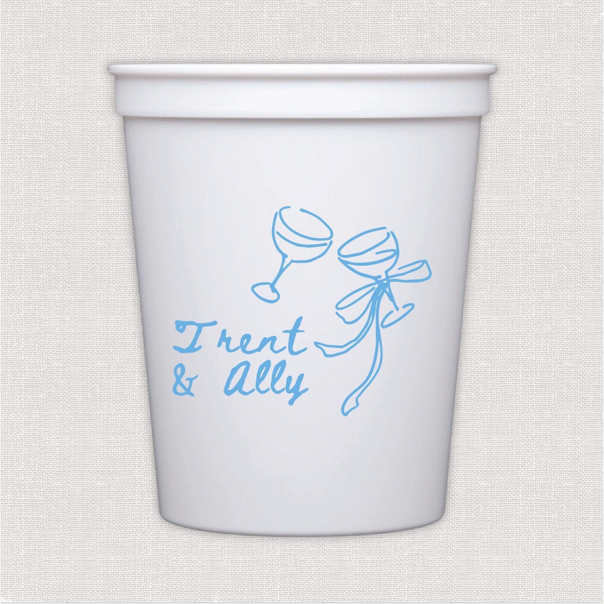 White stadium cup with blue champagne glasses and personalized wedding text design