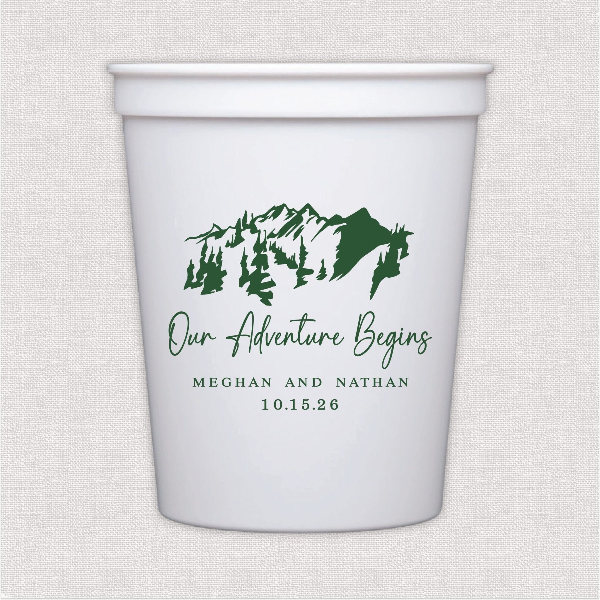 White stadium cup with green mountain and forest adventure design and personalized wedding text