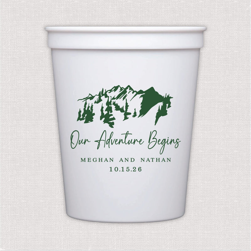White stadium cup with green mountain and forest adventure design and personalized wedding text