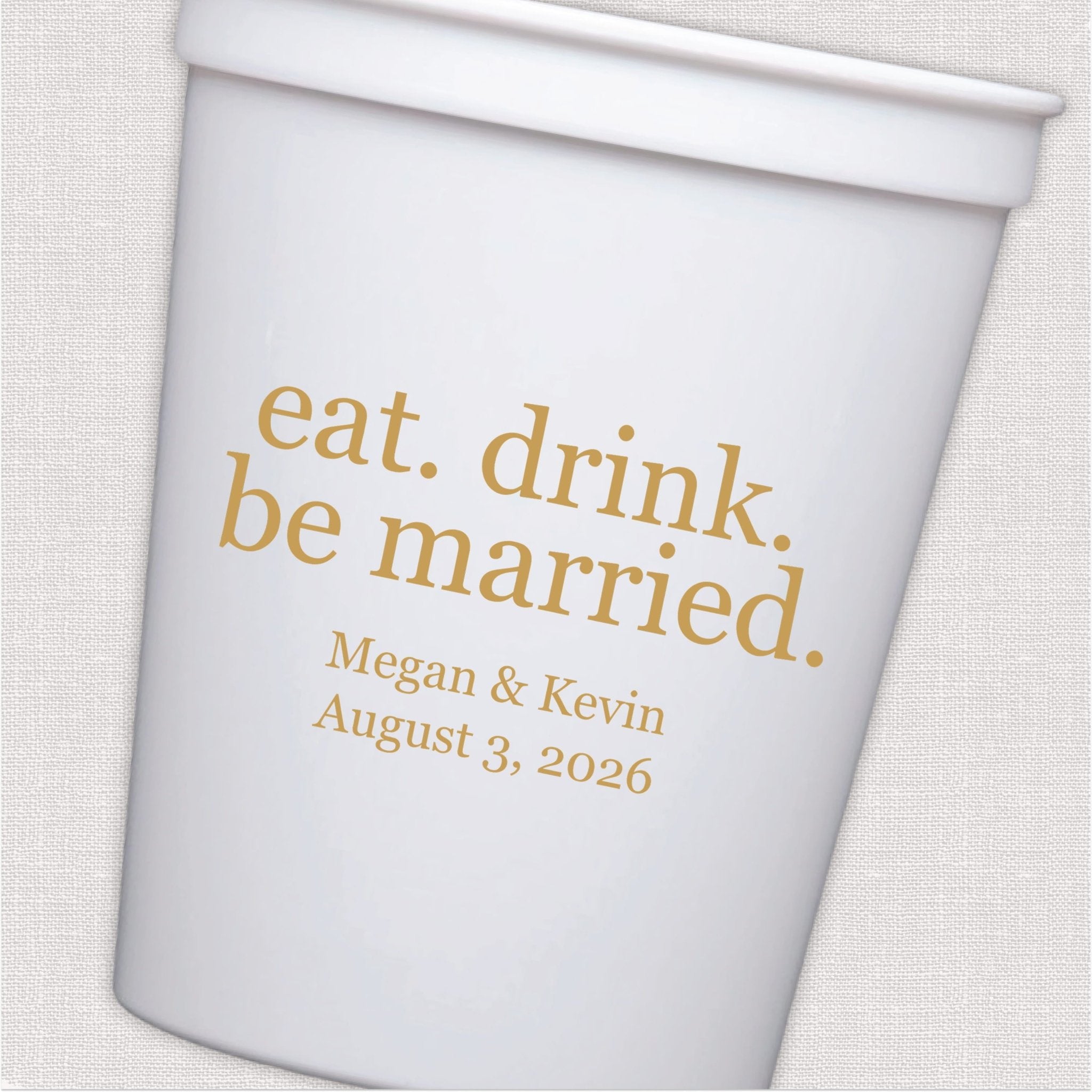 White stadium cup with gold foil wedding text design and personalized couple names and date