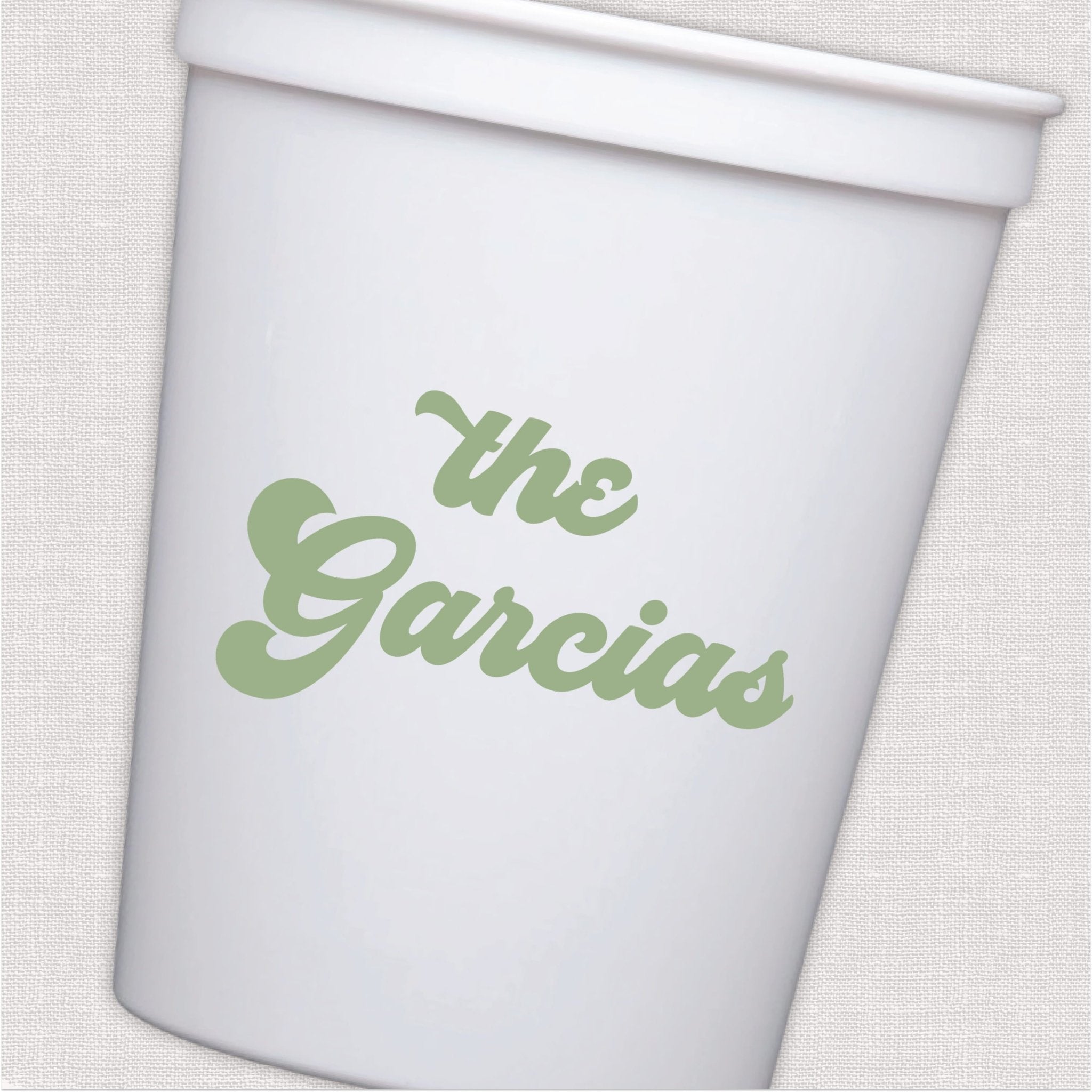 White stadium cup with sage green script last name personalized text design