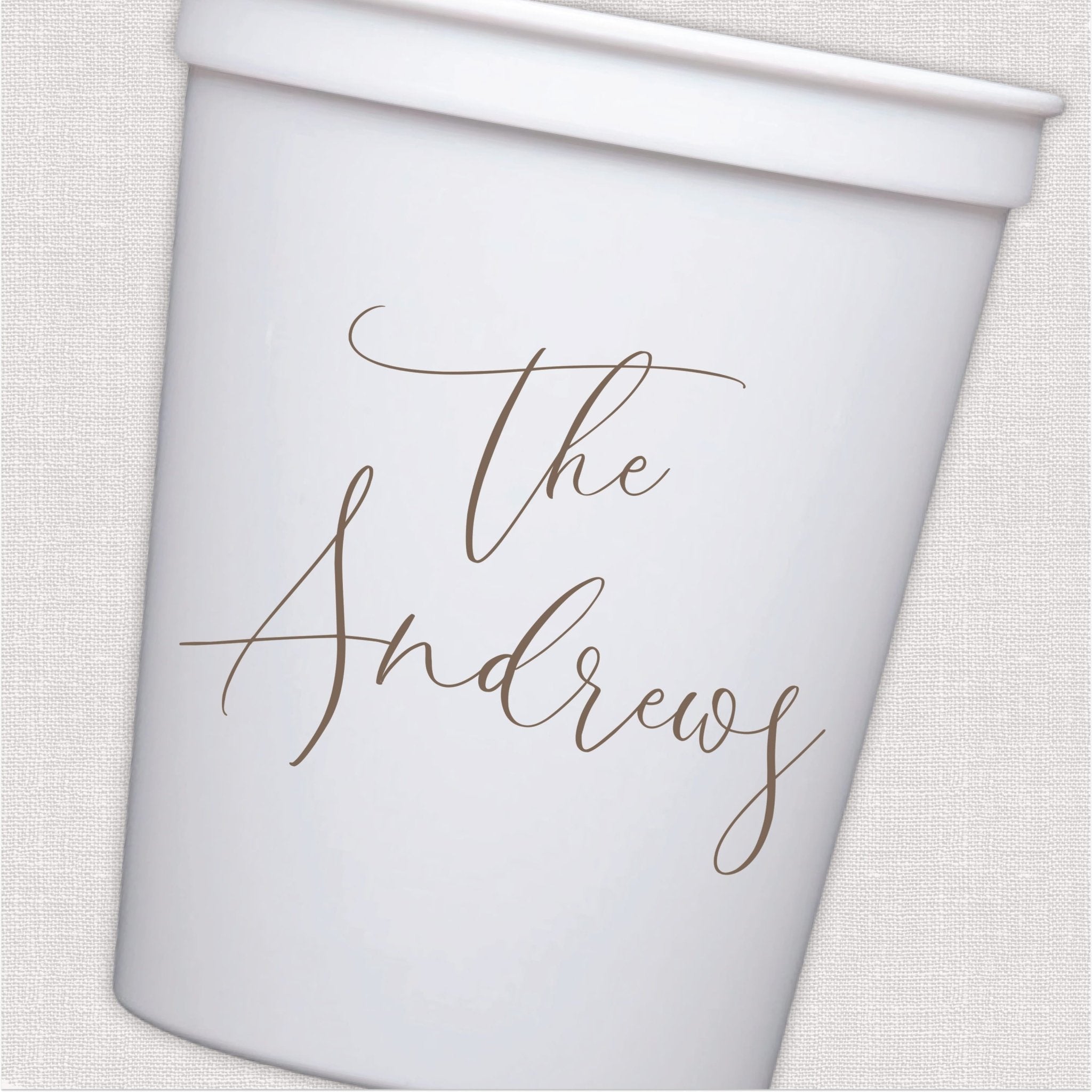 White stadium cup with personalized script wedding text design