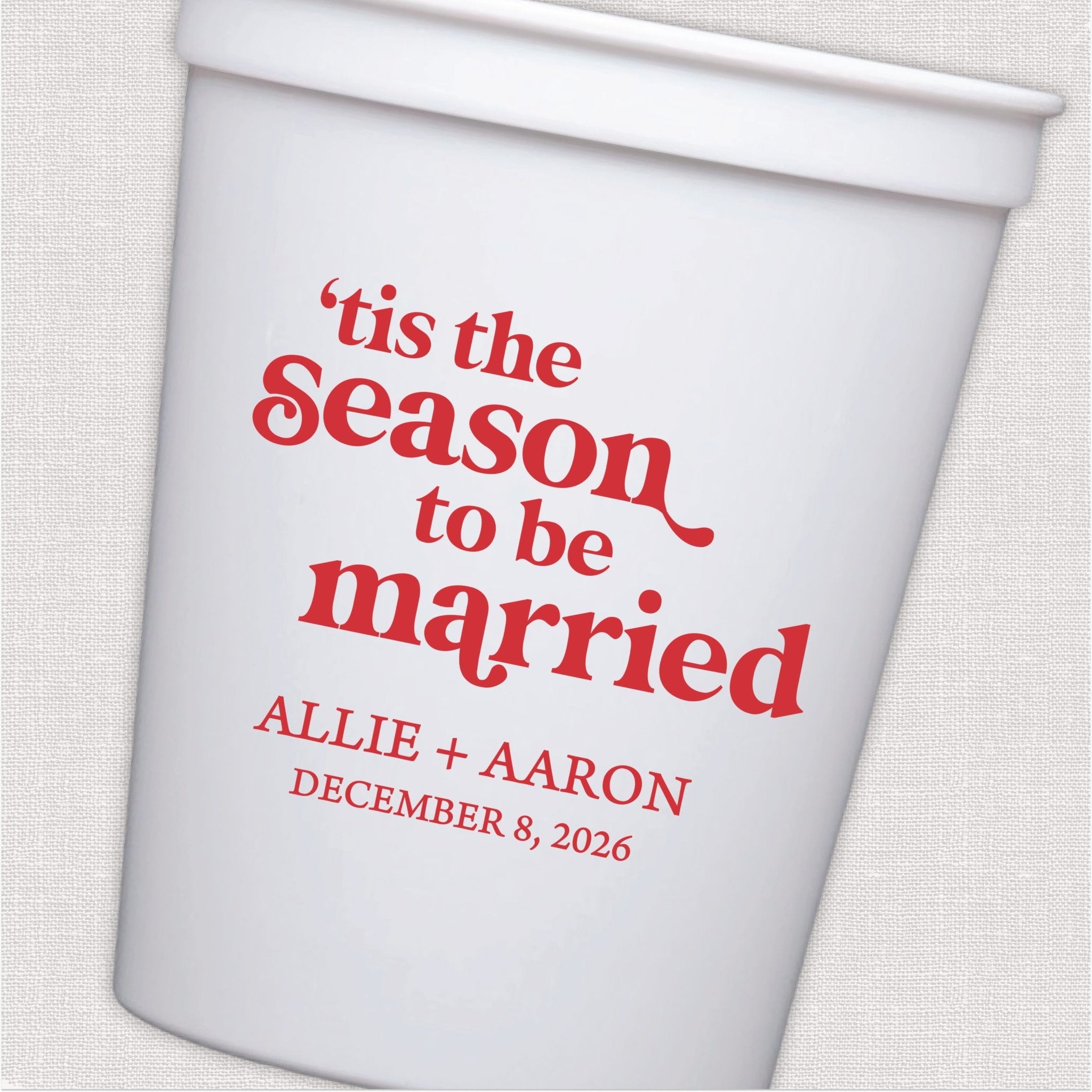 White stadium cup with red holiday wedding text design and personalized couple names with date