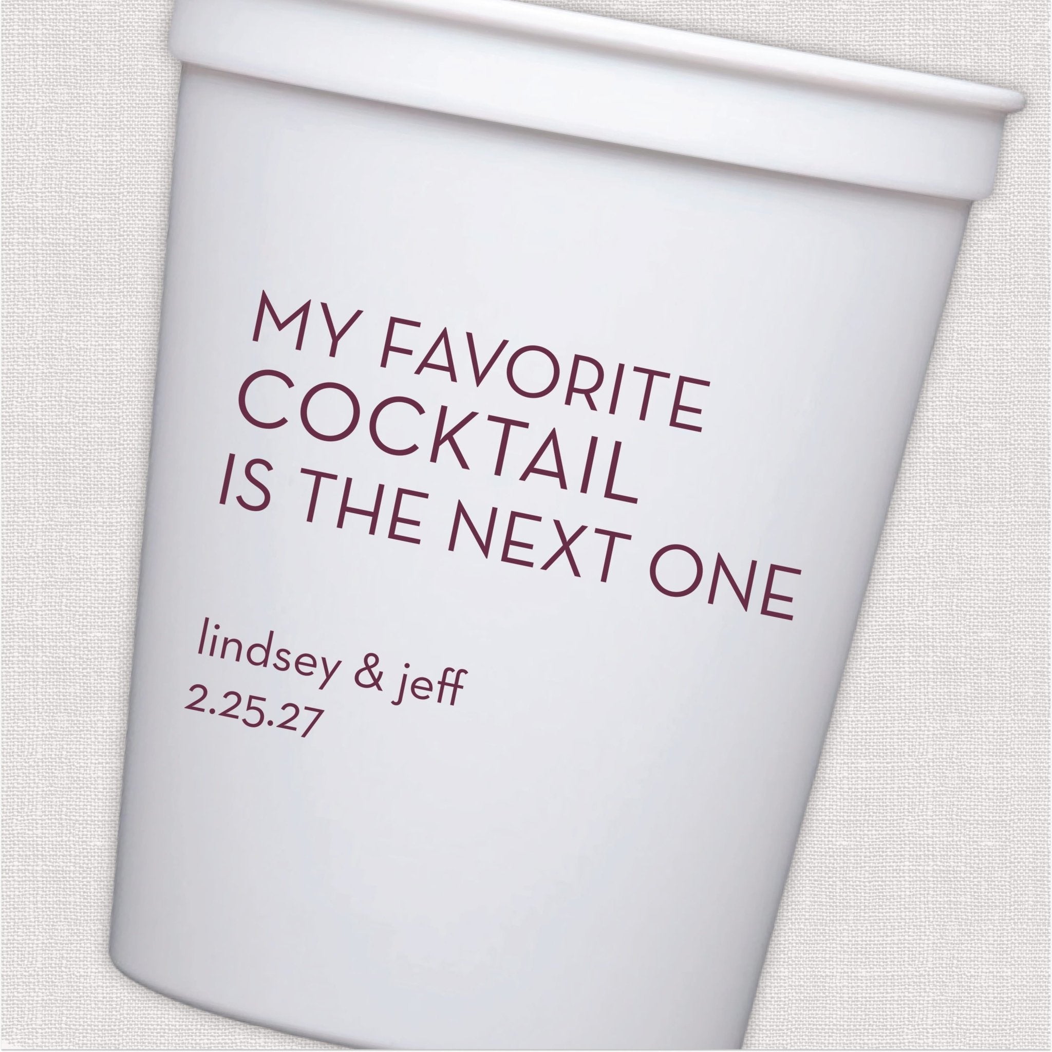White stadium cup with burgundy wine-themed wedding toast text and personalized couple names and date.