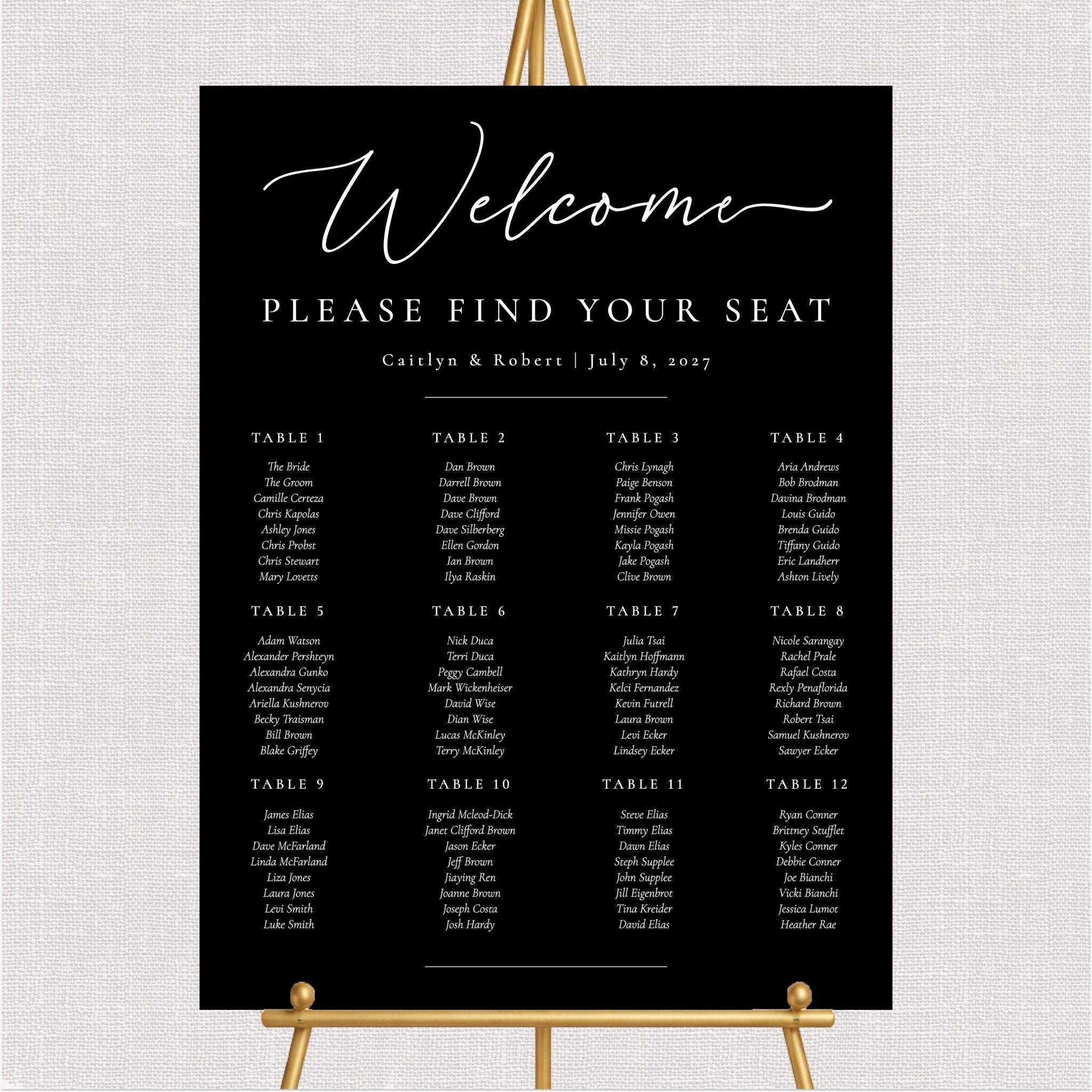 Custom wedding seating chart sign listing tables and guest assignments