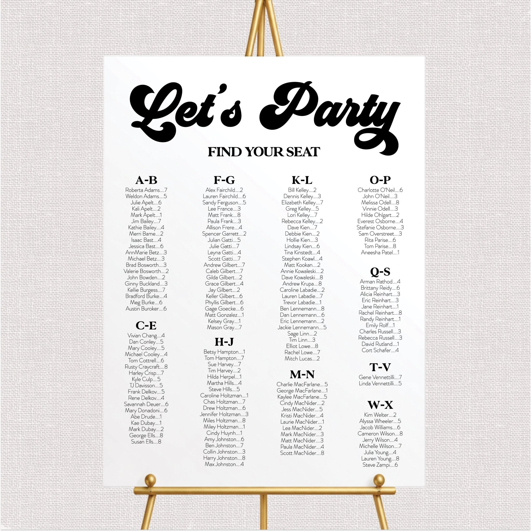 Let's Party Wedding Seating Chart