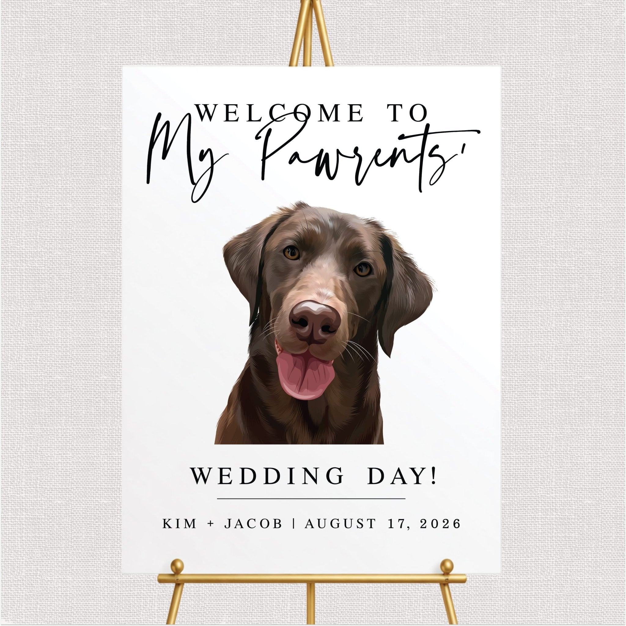 White wedding welcome sign with chocolate Labrador photo and personalized couple text