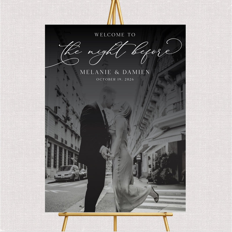 Black and white wedding photo welcome sign with gold script text and personalized couple names