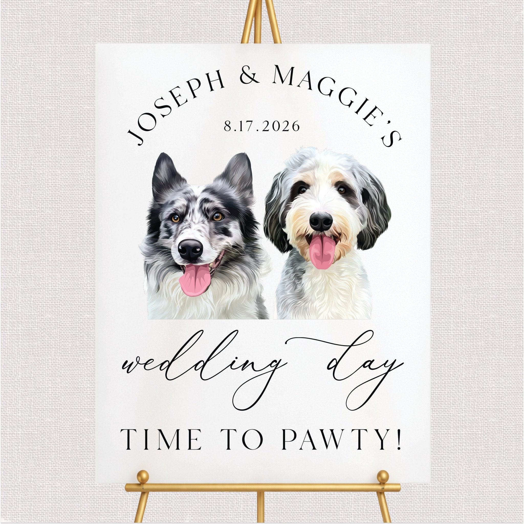 White welcome sign with personalized dog portrait illustration and wedding day script text