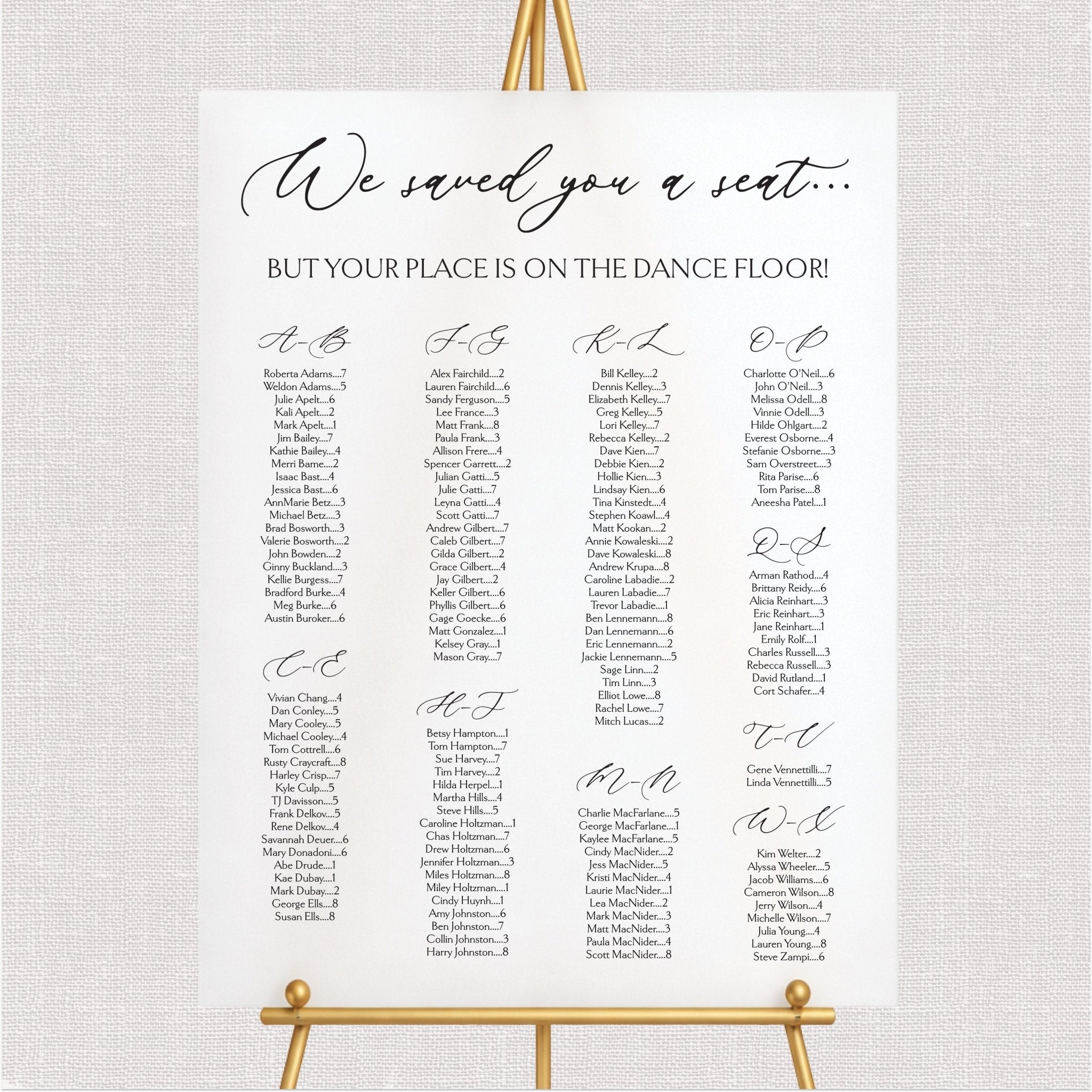 Alphabetical Script Wedding Seating Chart Sign