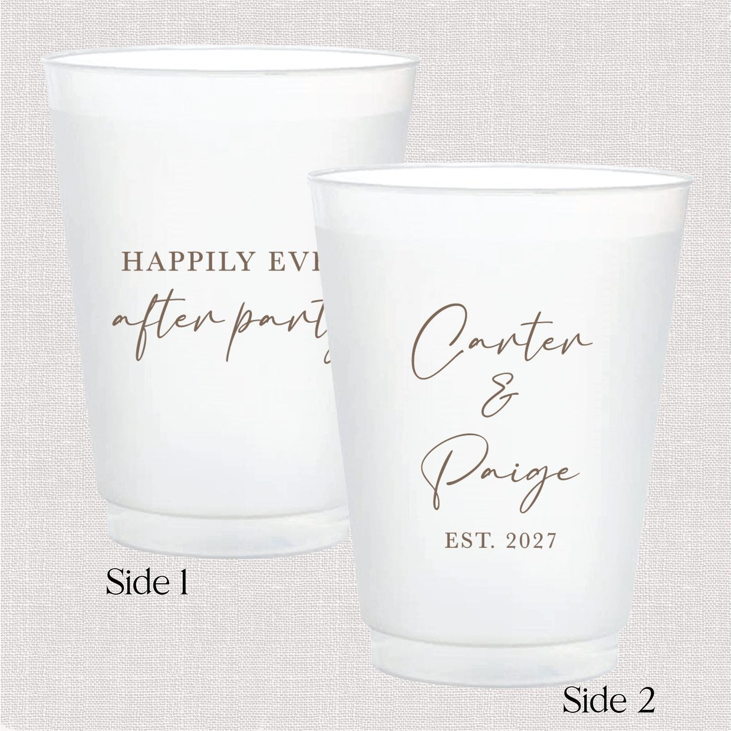 Two frosted shatterproof cups side by side showing both sides of the Happily Ever After Party personalized wedding cup design