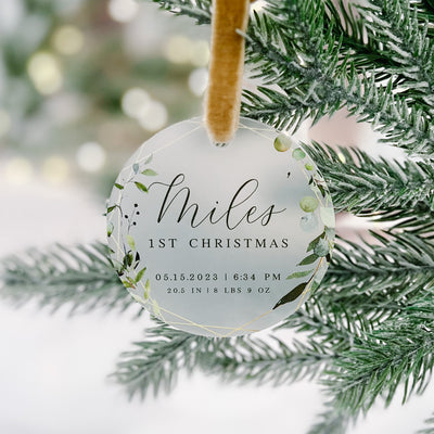 Baby's First Christmas Ornament with Birth Stats - Greenery