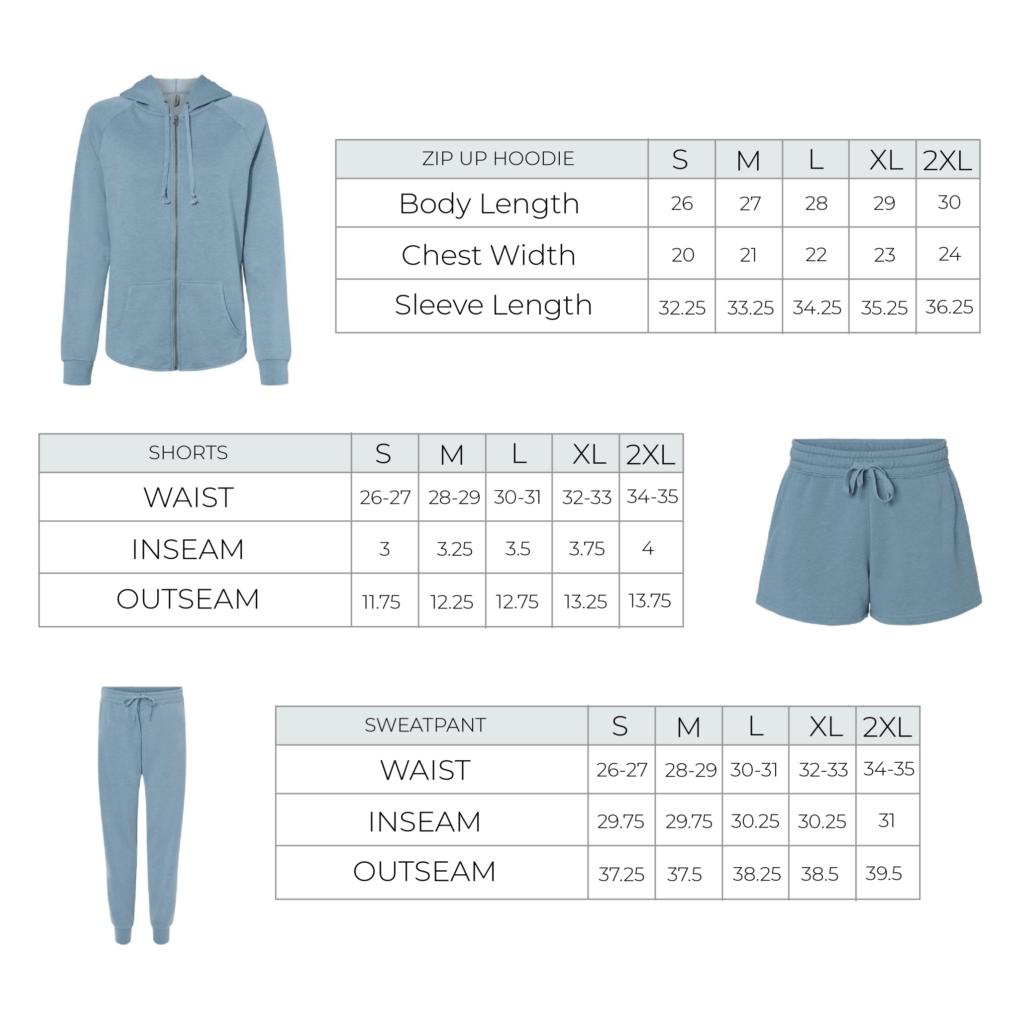 Dusty blue zip-up hoodie with matching shorts and sweatpants displayed with size chart measurements for bridal party getting ready wear.