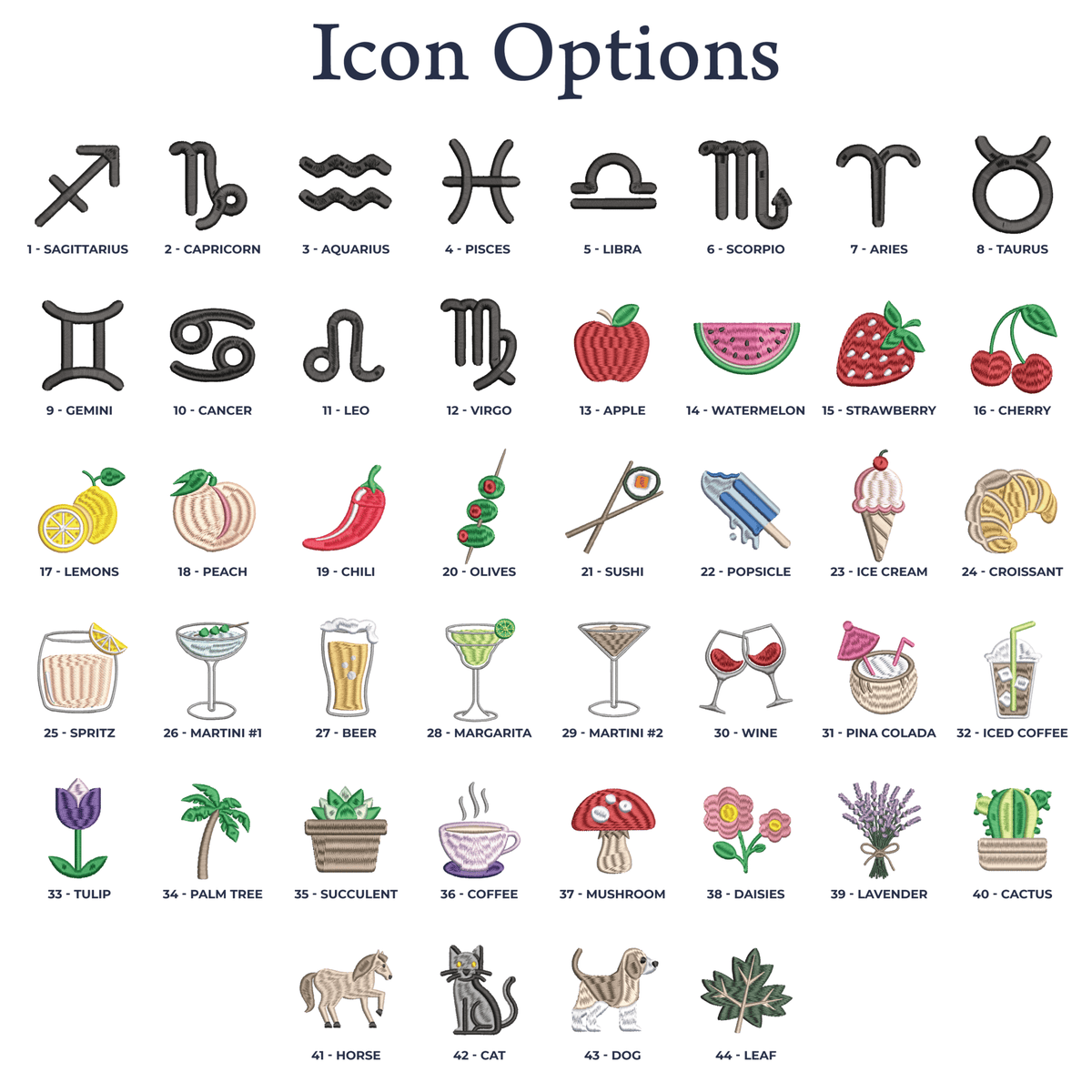 Embroidered icon options chart for personalized cosmetic bags including zodiac signs, fruit, cocktails, flowers and pets