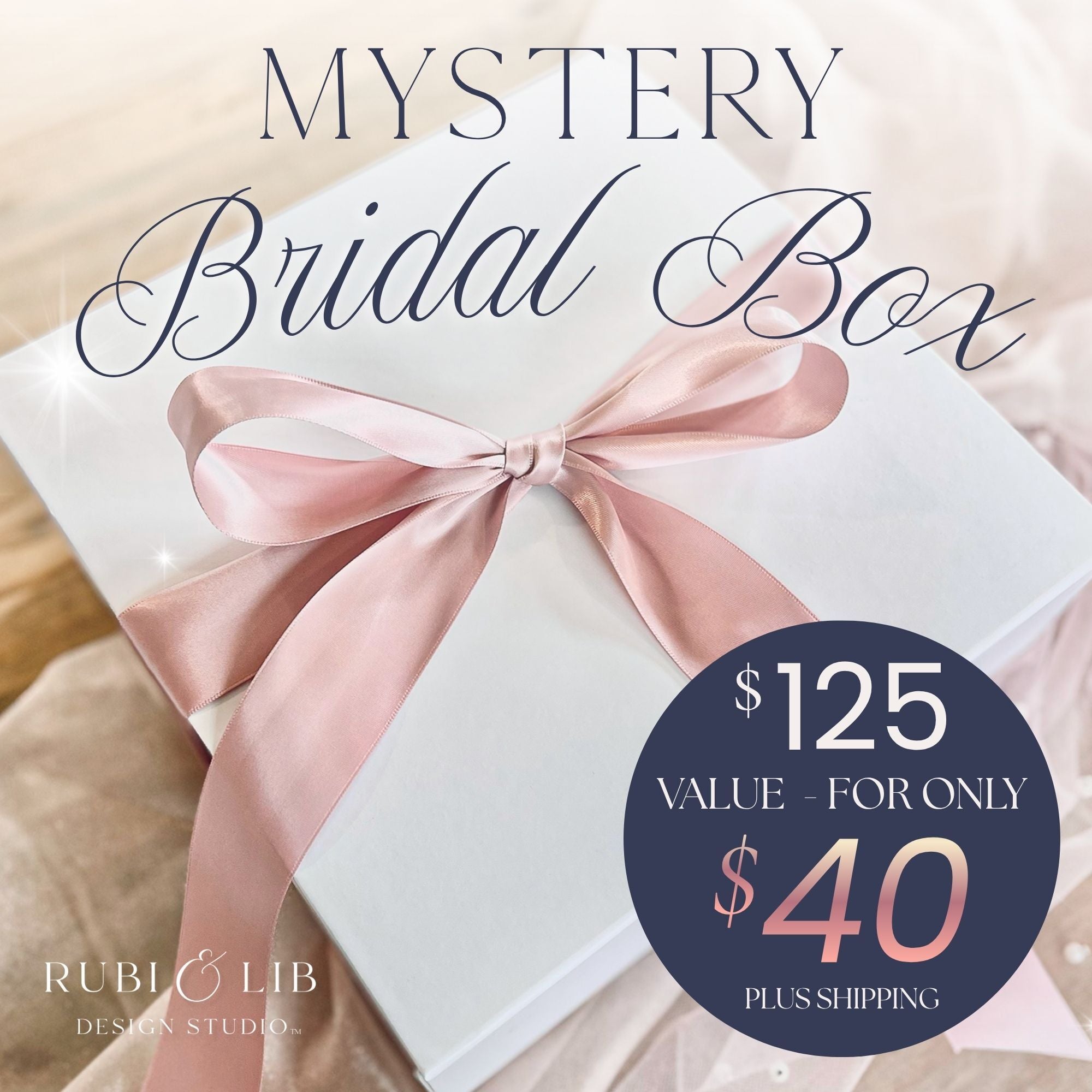 Rubi and Lib Design Studio Mystery Bridal Box, white gift box with pink satin ribbon bow, $125 value for only $40 plus shipping