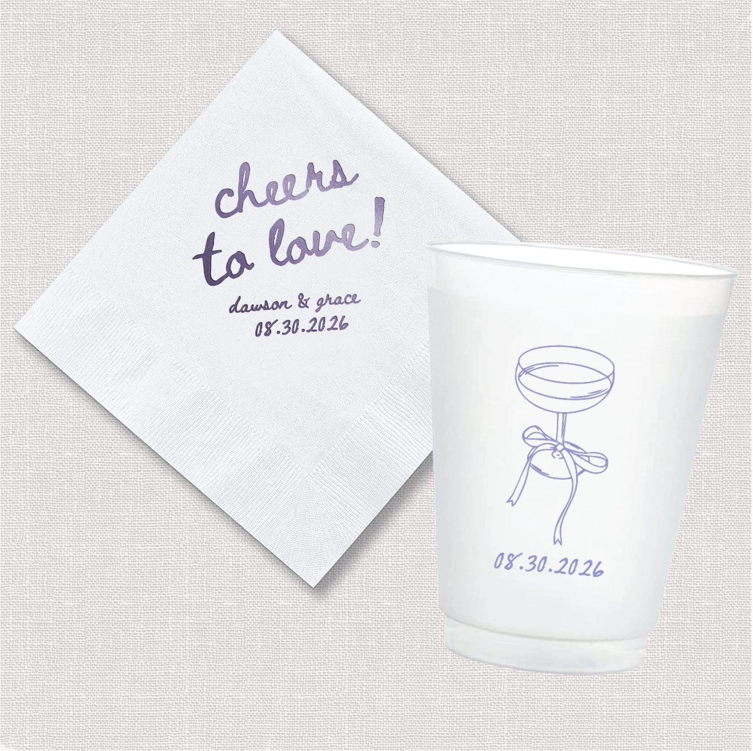 Cheers to Love wedding bundle featuring personalized cocktail napkin and frosted shatterproof cup with matching design