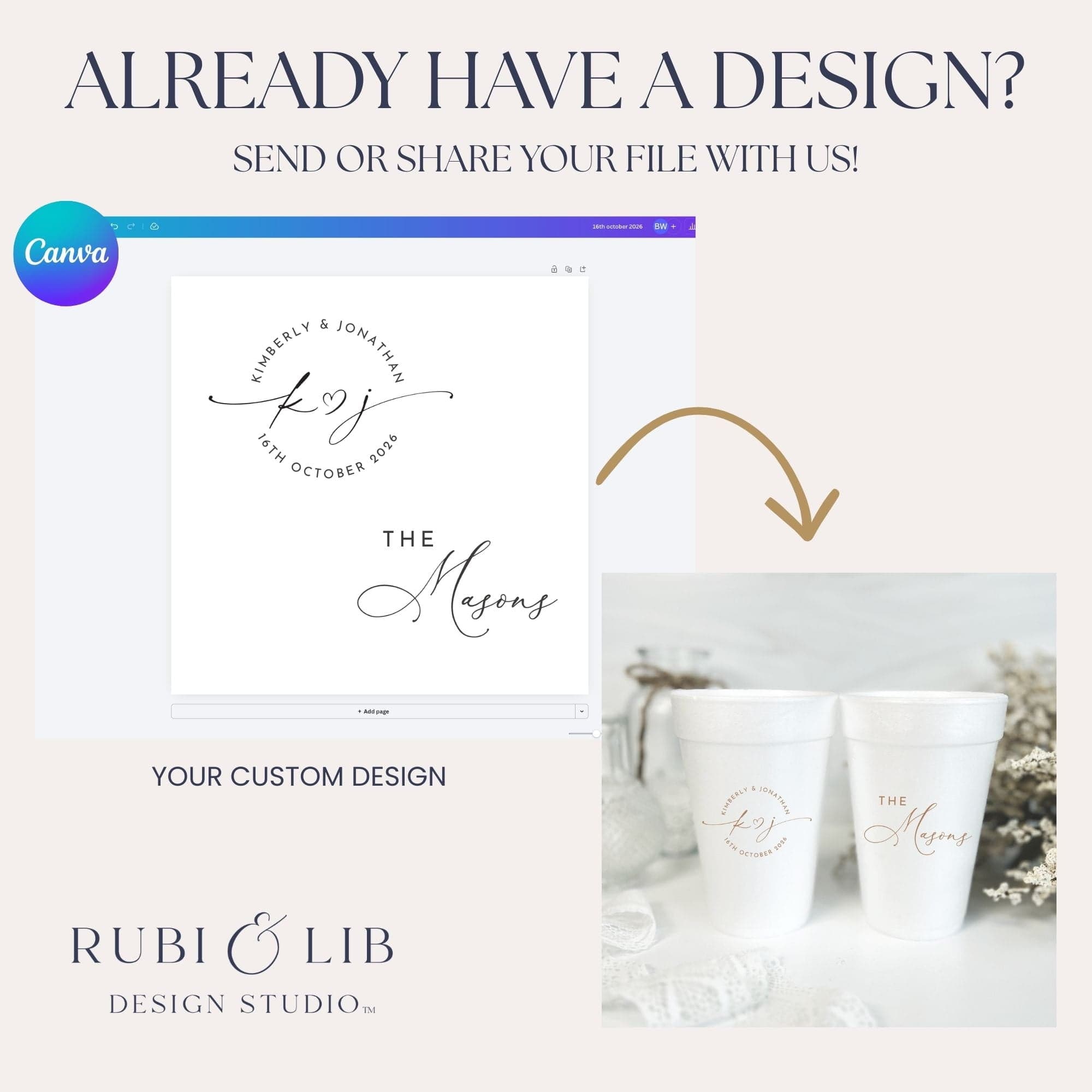 Custom wedding foam cups with personalized monogram and names, shown in design mockup and styled product photo