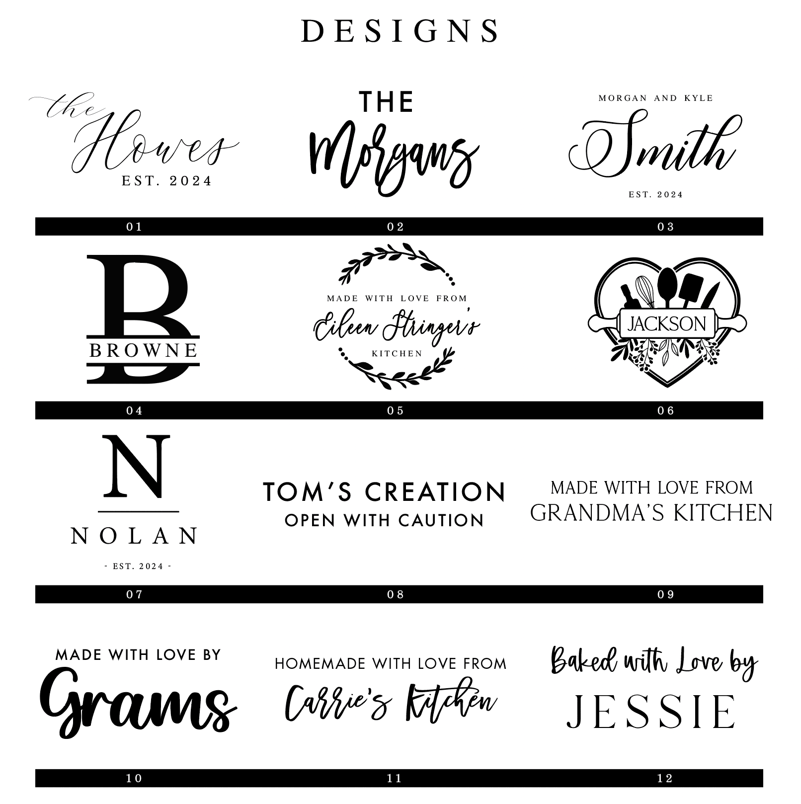 Personalized cake pan designs featuring "Made With Love" text, custom family names, and monograms in various script and serif fonts.