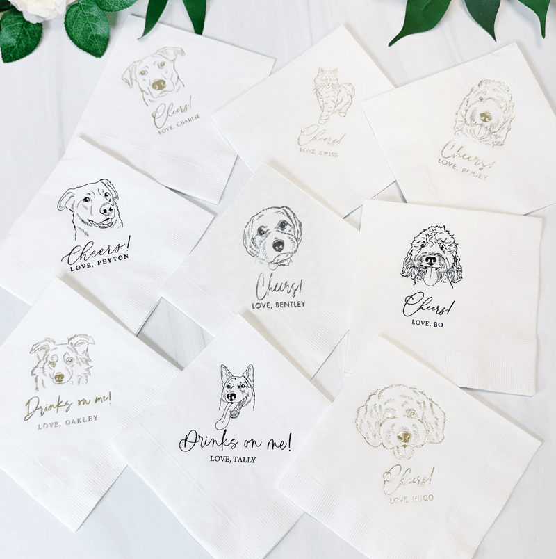 Custom Illustrated Pet Wedding Napkins - Napkins - Foil Stamped - Dog