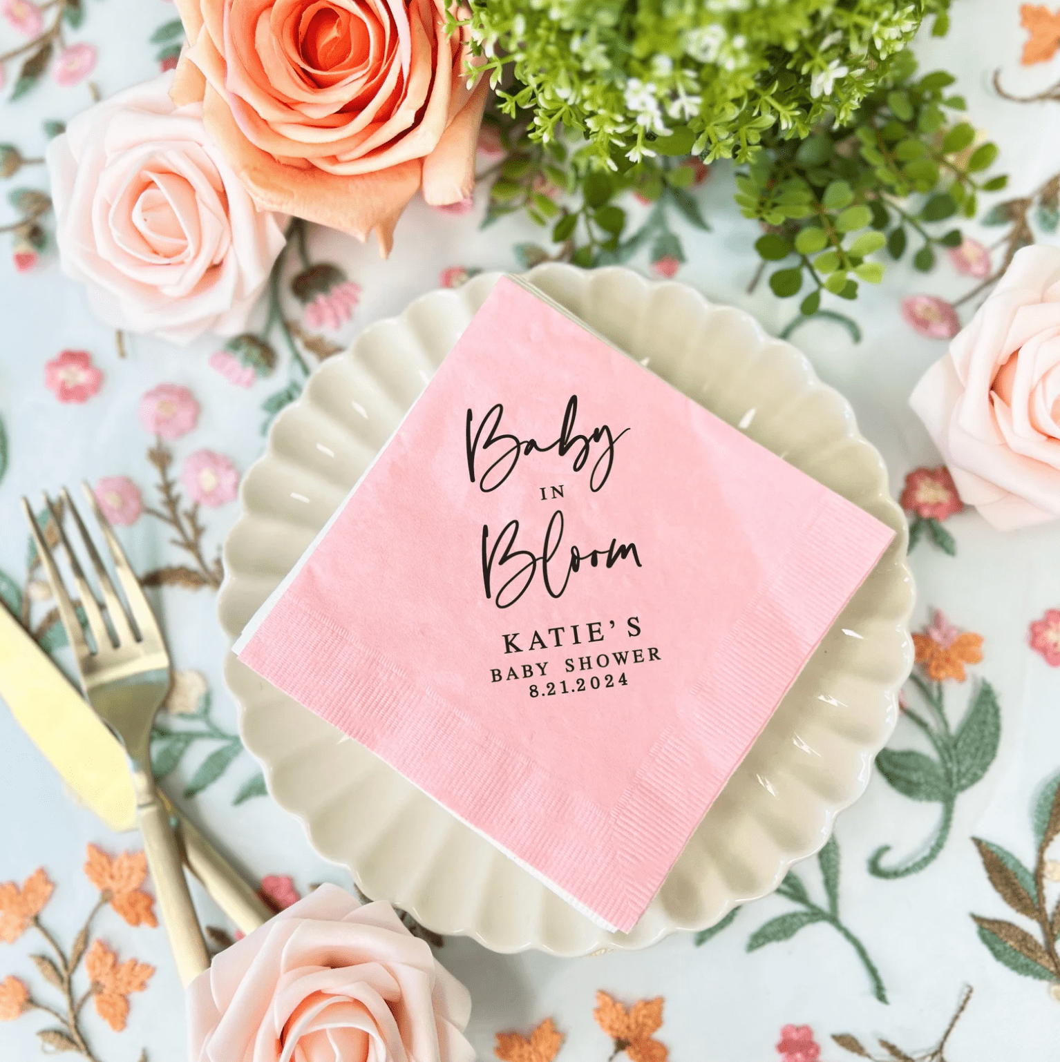 Baby in Bloom Personalized Baby Shower Napkins - Napkins - Foil Stamped