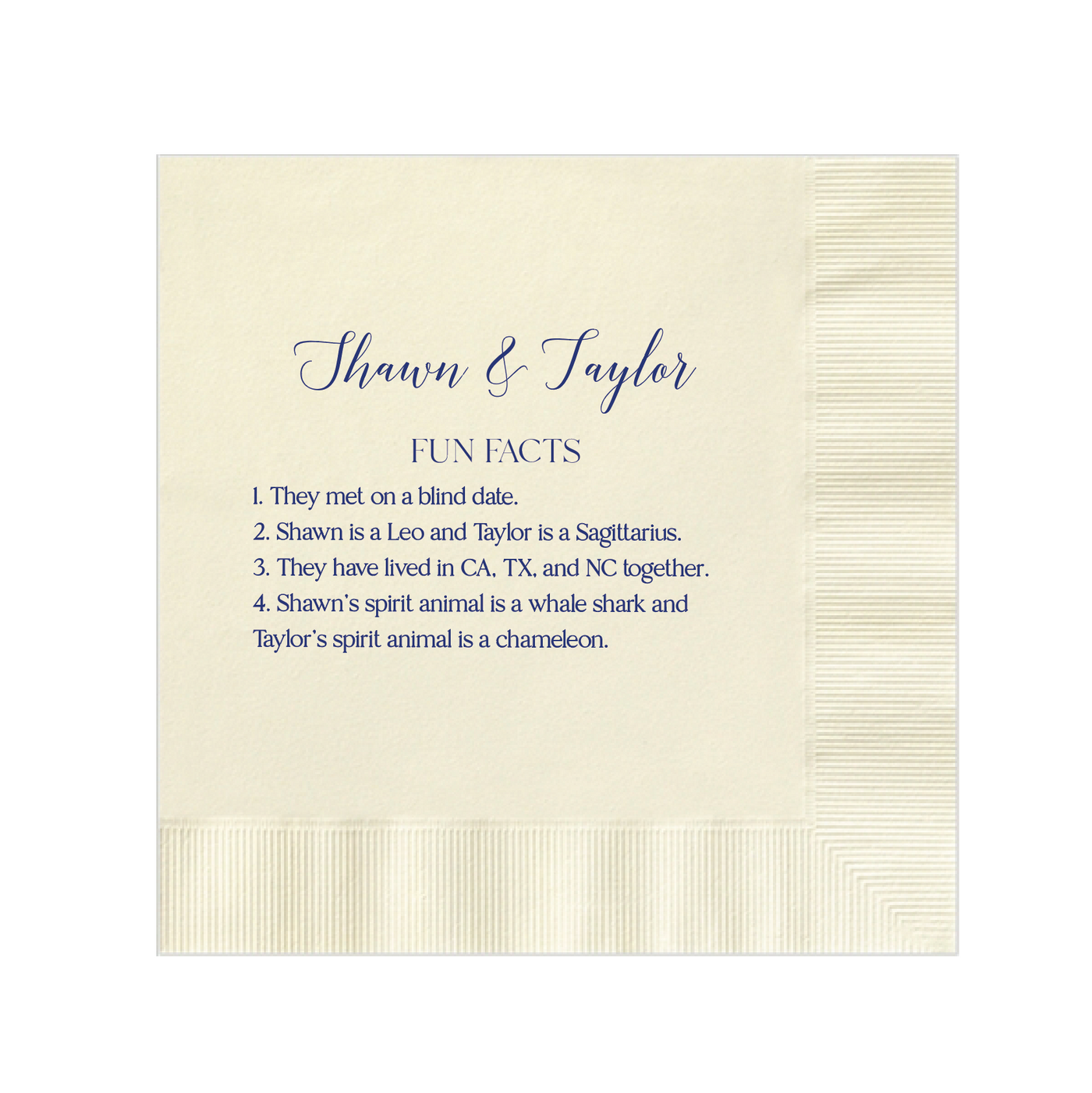 Custom Fun Fact Napkins for Wedding Reception