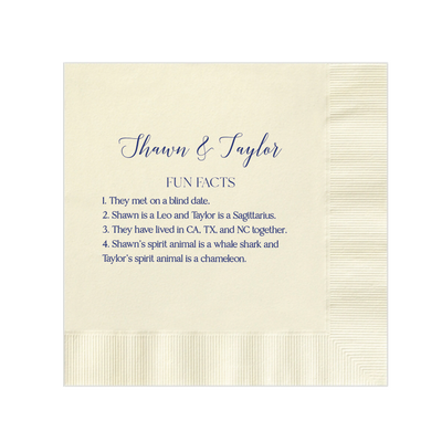 Custom Fun Fact Napkins for Wedding Reception