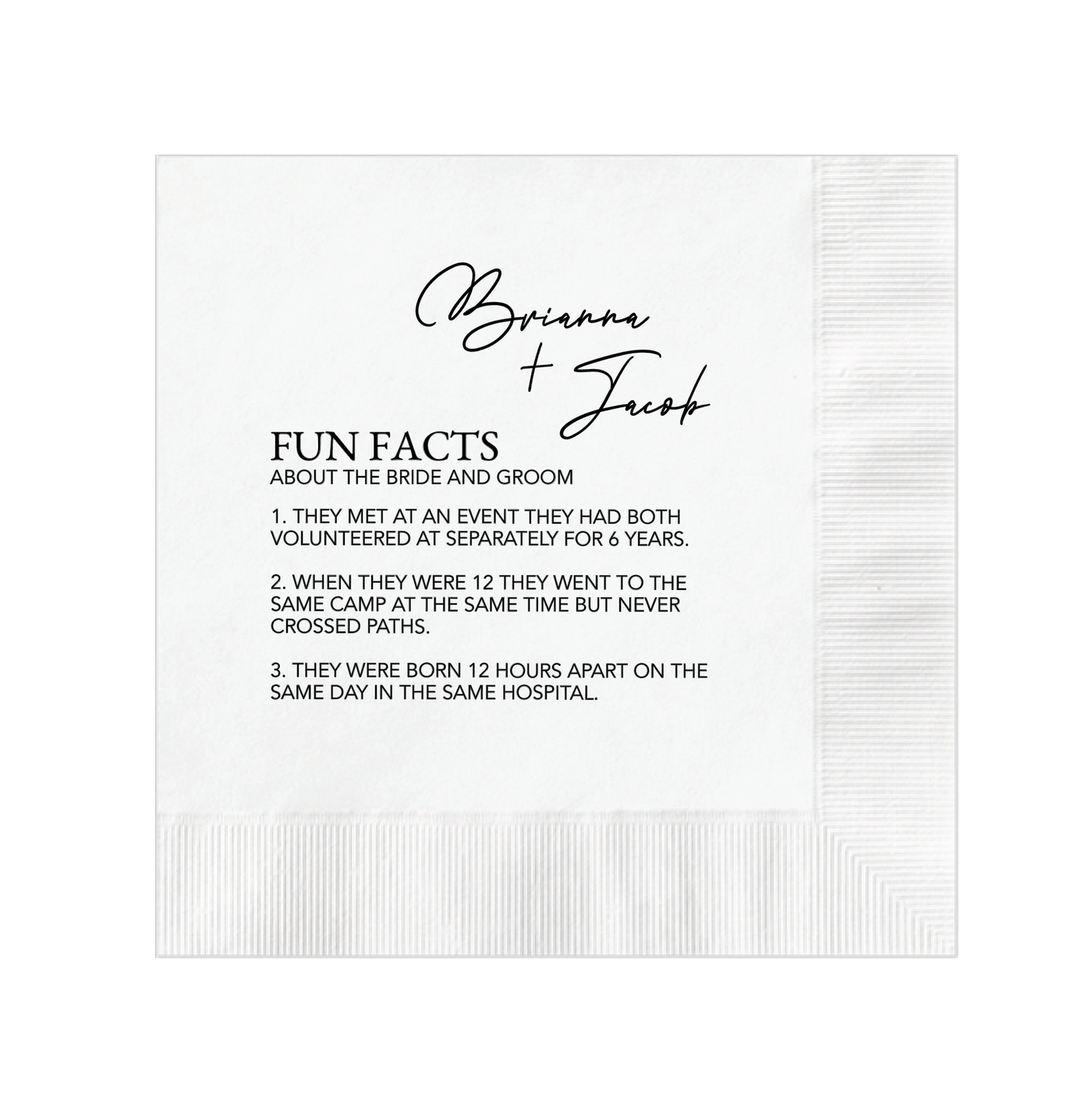 Reception Napkins with Fun Wedding Facts