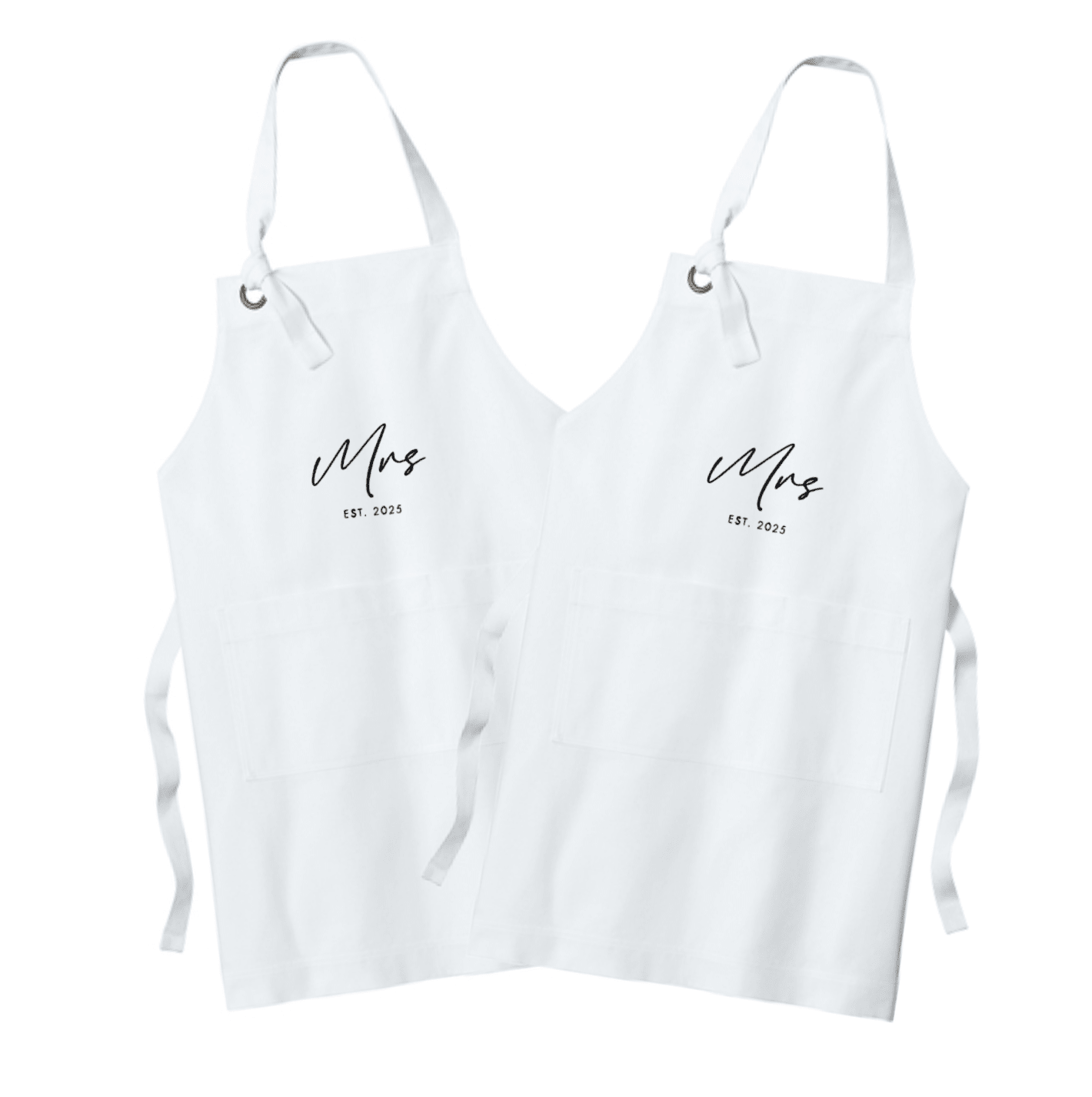 White apron set with "Mrs" and "Mr" script embroidery and date personalization on chest pockets, adjustable neck straps and waist ties.