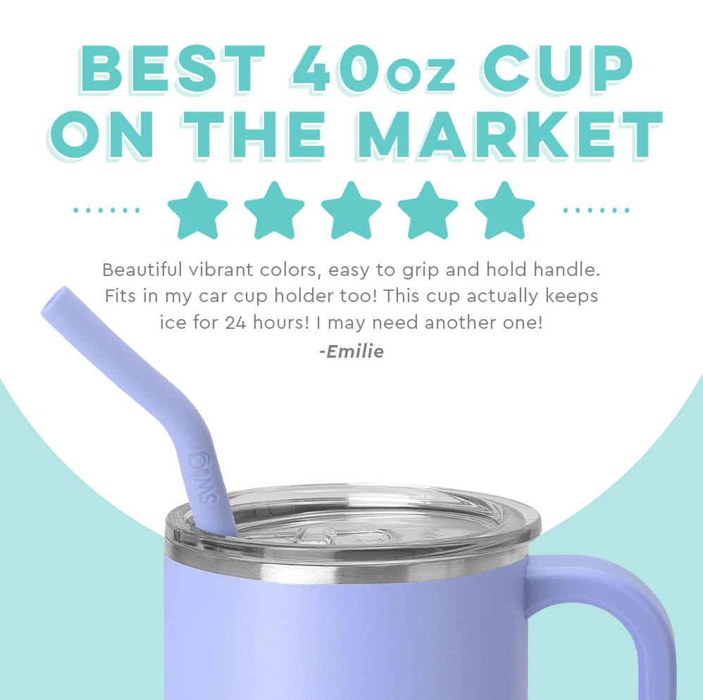 Lavender 40oz insulated tumbler with handle and straw, featuring personalized text design
