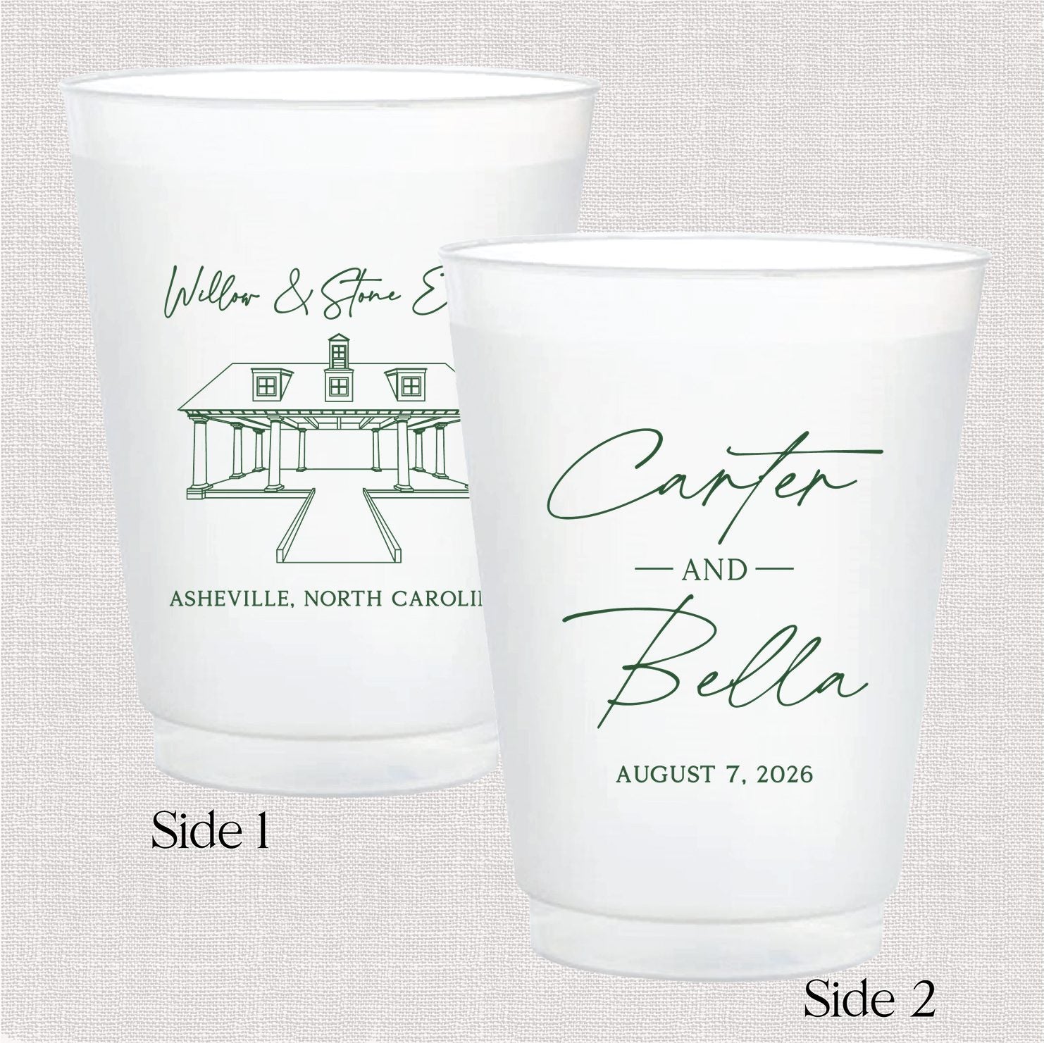 Two frosted shatterproof cups side by side showing both sides of the venue stacked names personalized wedding cup design