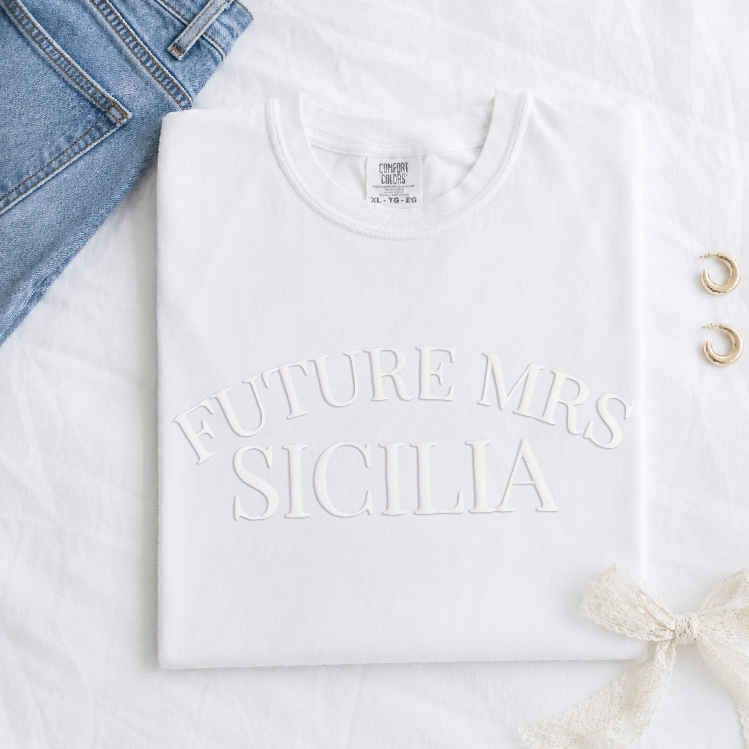 Personalized Last Name Embossed Puff Print T-Shirt - November Bride Tee Design