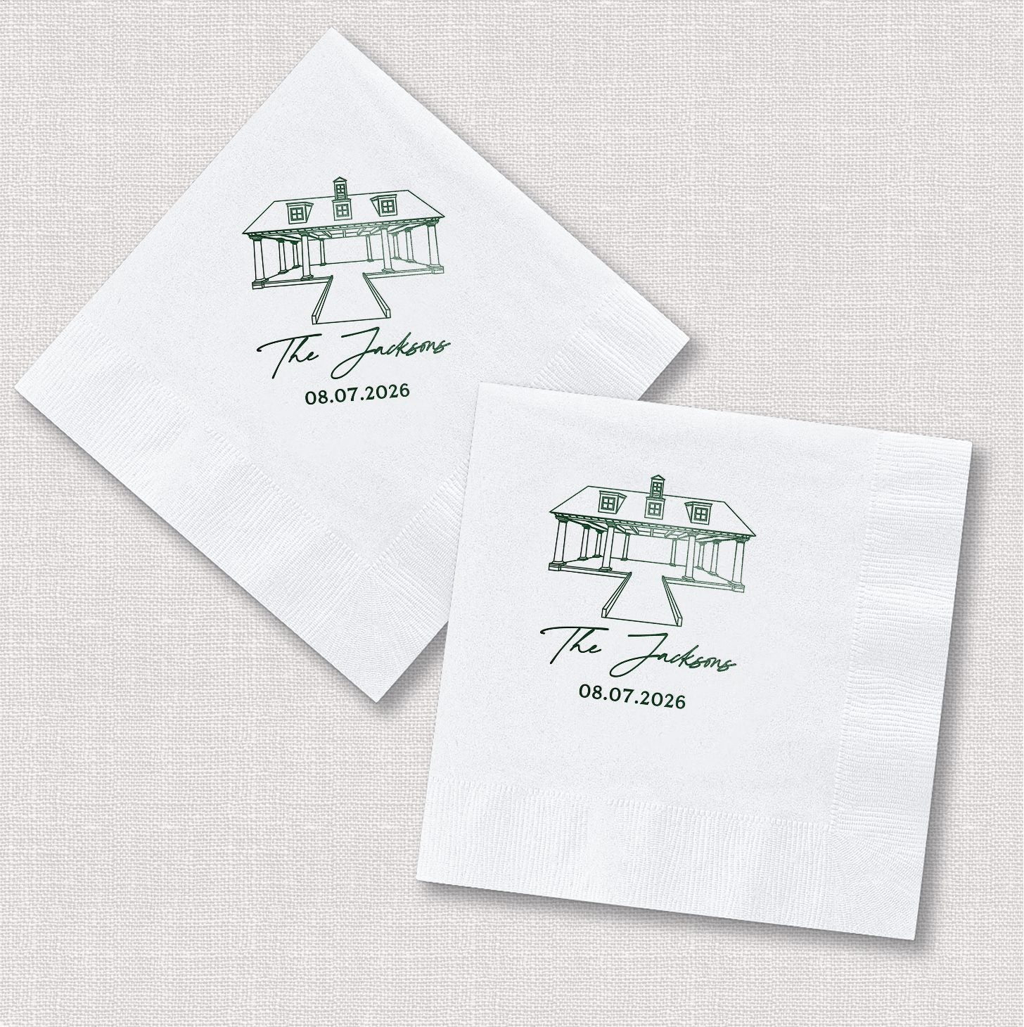 Personalized cocktail napkins in square and diamond orientation showing venue stacked names wedding design