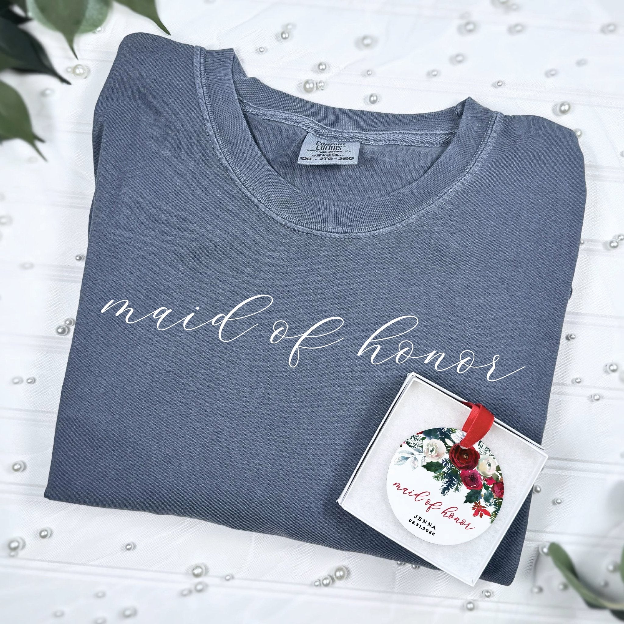 Slate blue comfort colors t-shirt with script wedding text and matching ornament gift set