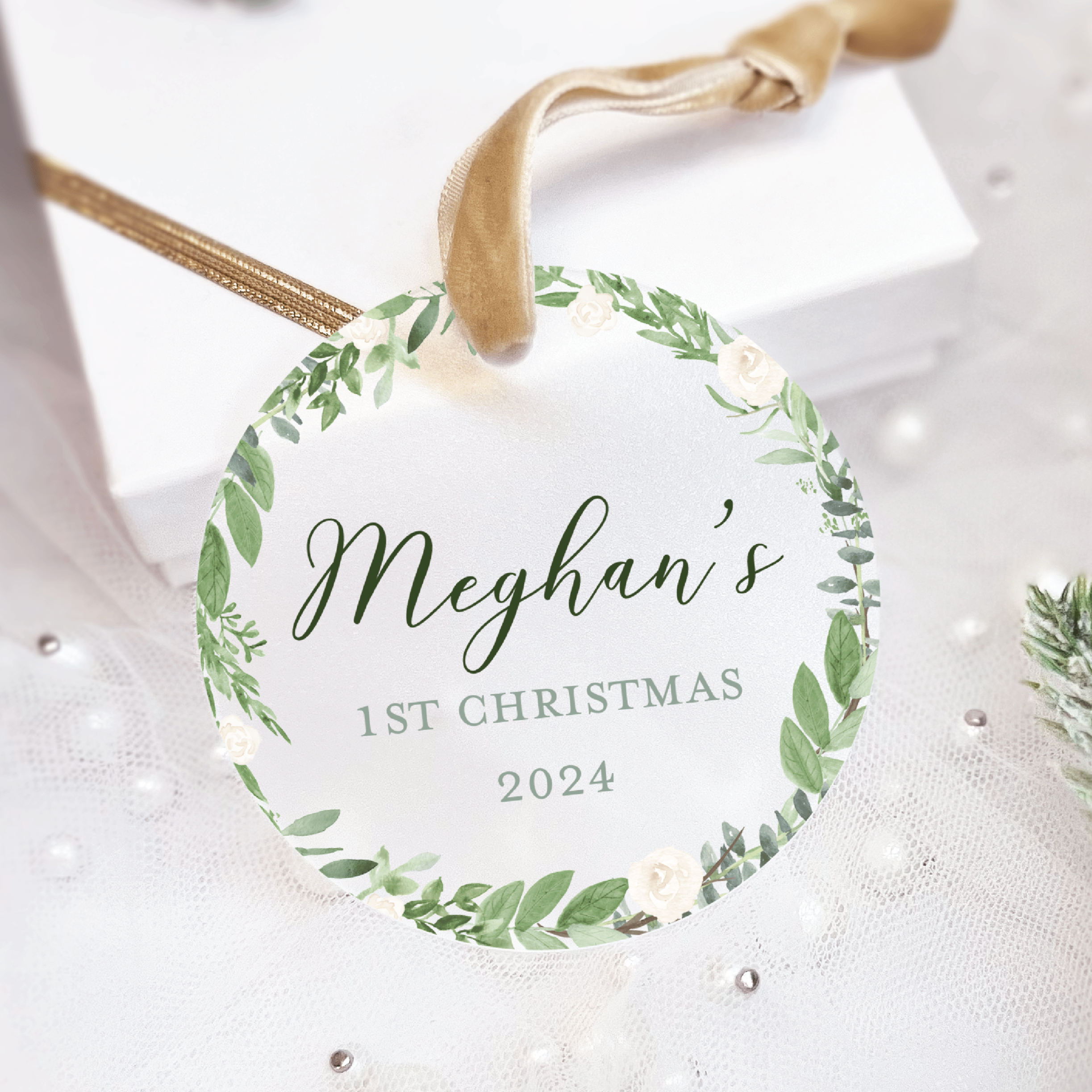 Baby's First Christmas Ornament - White Floral - Ornament - Acrylic