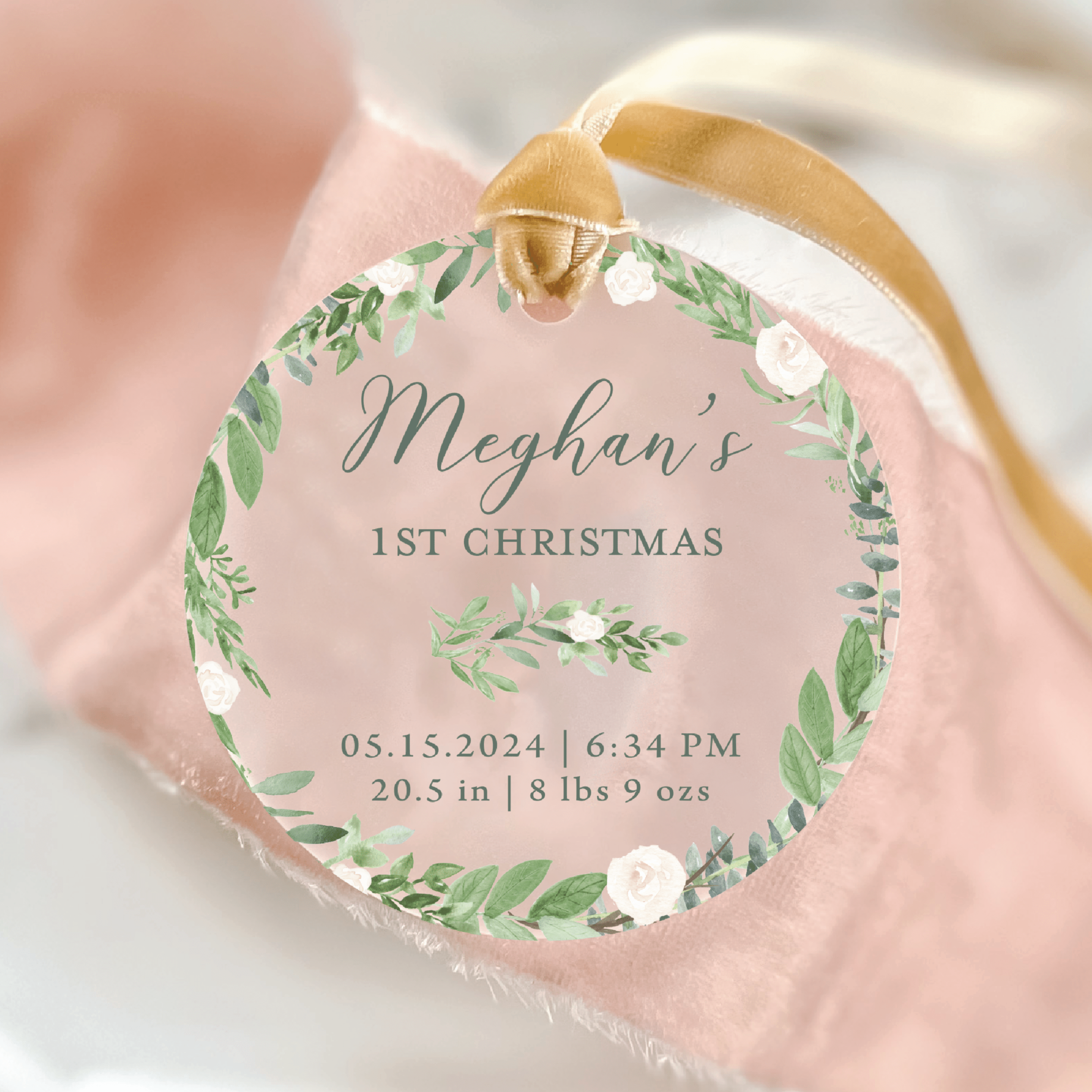 Baby's First Christmas Ornament with Birth Stats - White Floral - Ornament - Acrylic