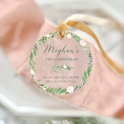 Baby's First Christmas Ornament with Birth Stats - White Floral