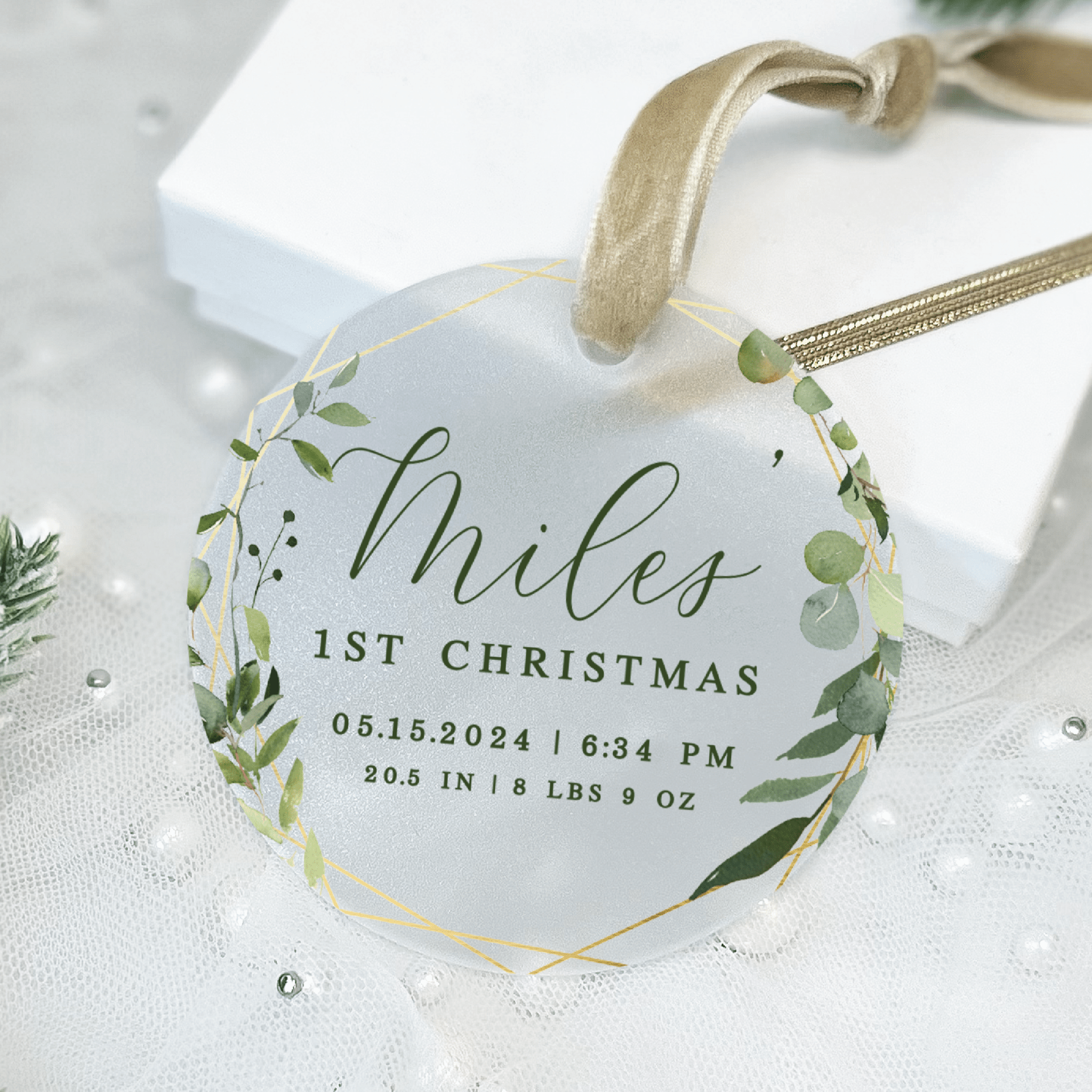 Baby's First Christmas Ornament with Birth Stats - Greenery - Ornament - Acrylic