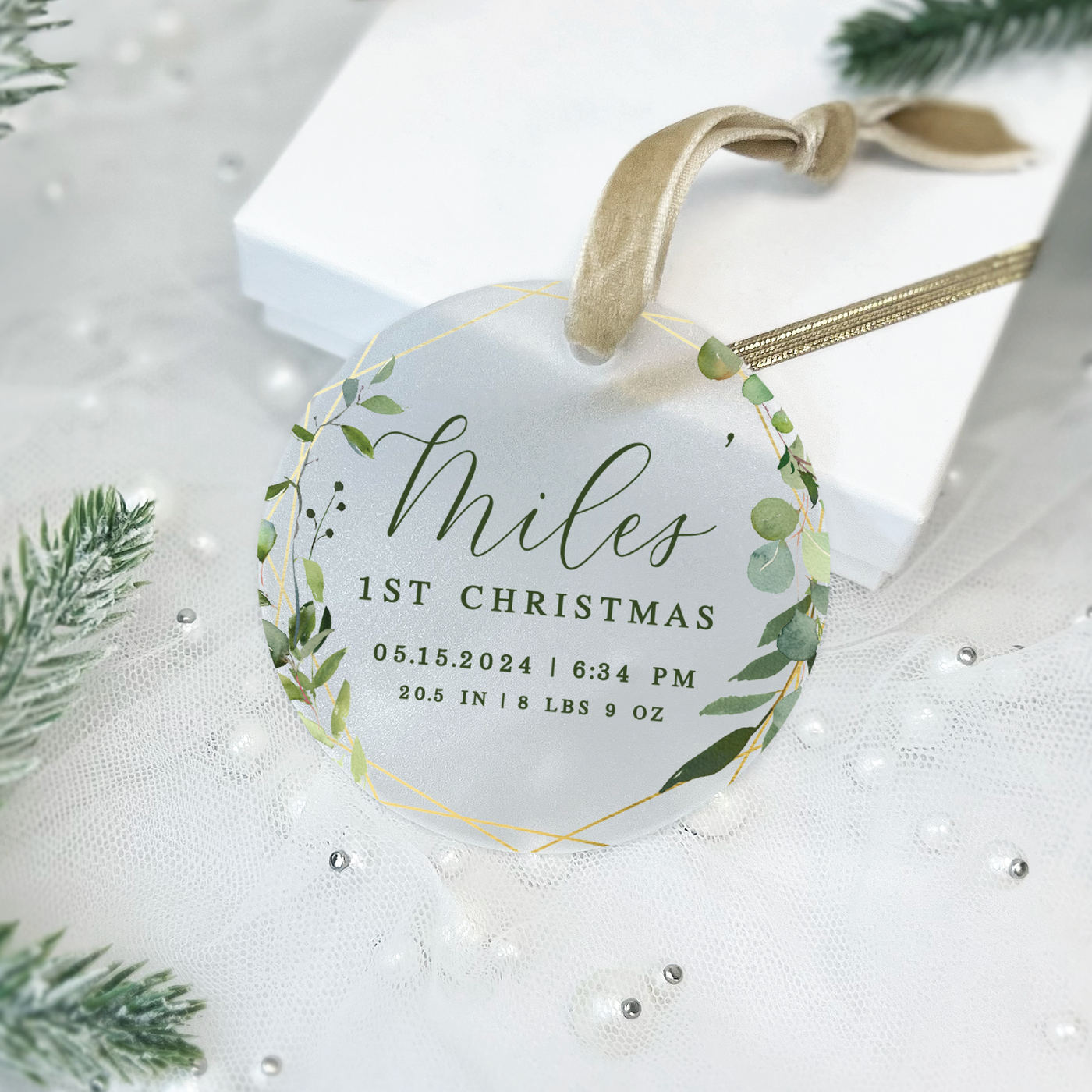 Baby's First Christmas Ornament with Birth Stats - Greenery