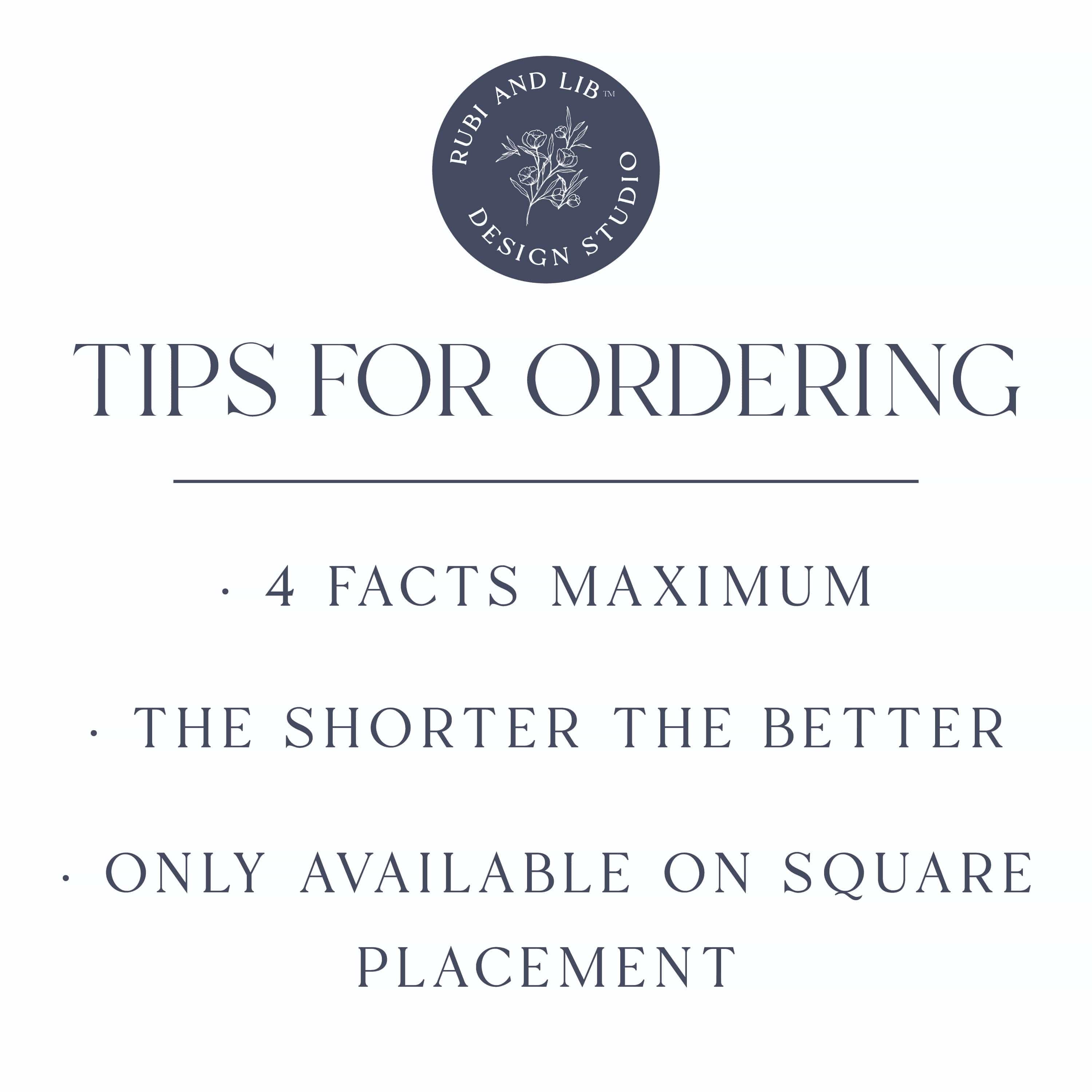 Custom wedding napkins with ordering tips including maximum four facts and square placement guidelines for foil stamping.