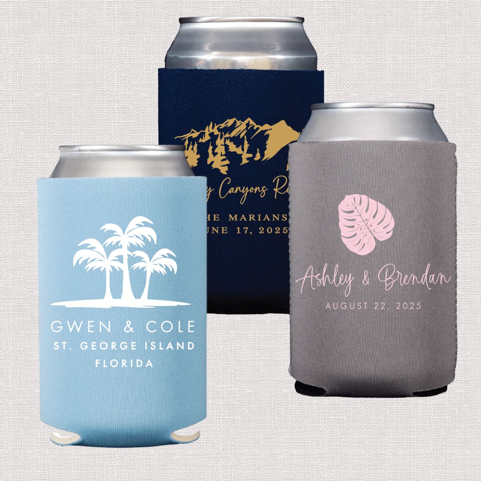 Light blue can cooler with white palm tree design and personalized wedding text, navy can cooler with gold bear illustrati...