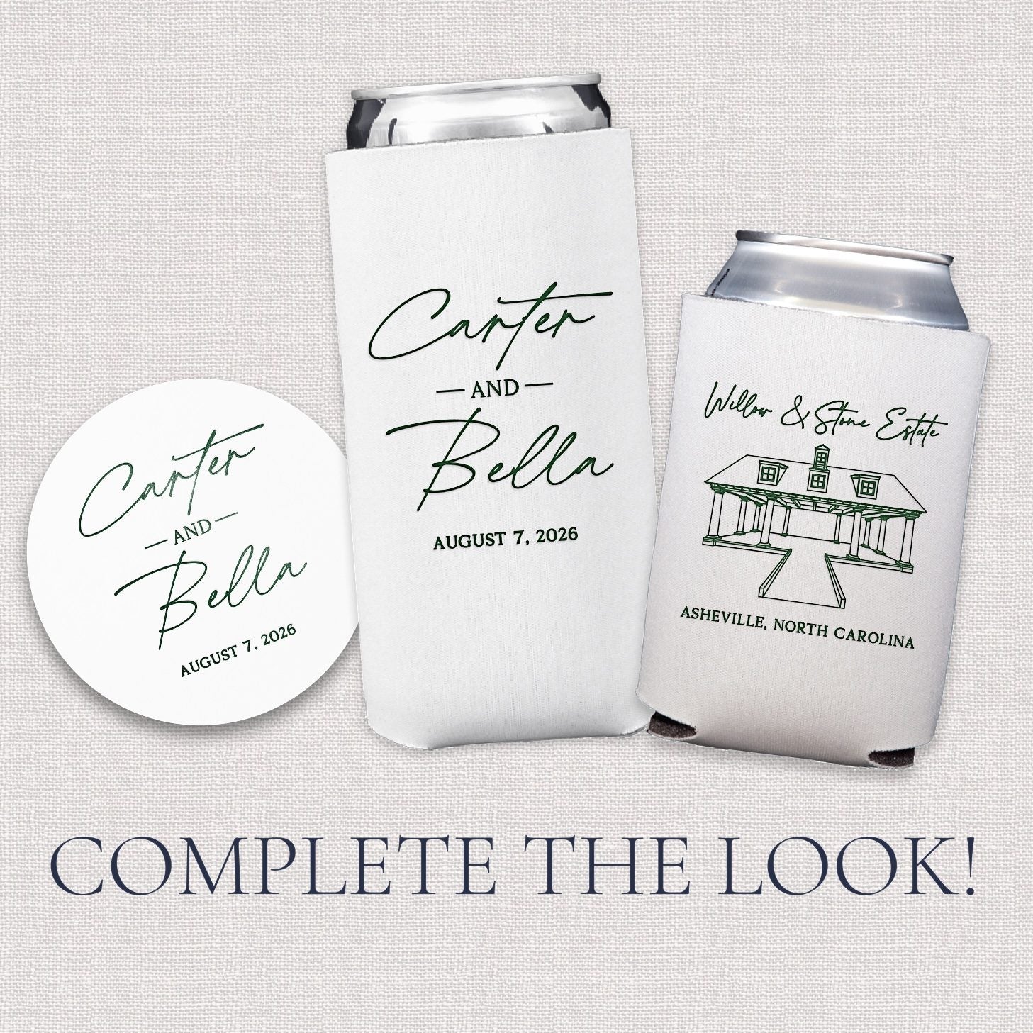 Complete the look upsell graphic showing coordinating venue stacked names wedding paper goods and drinkware collection