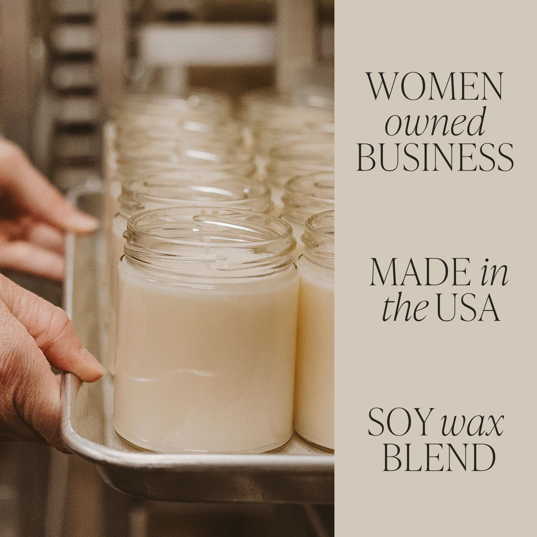 Clear glass jar candle with soy wax blend, held in hand, featuring text about women-owned business and made in USA