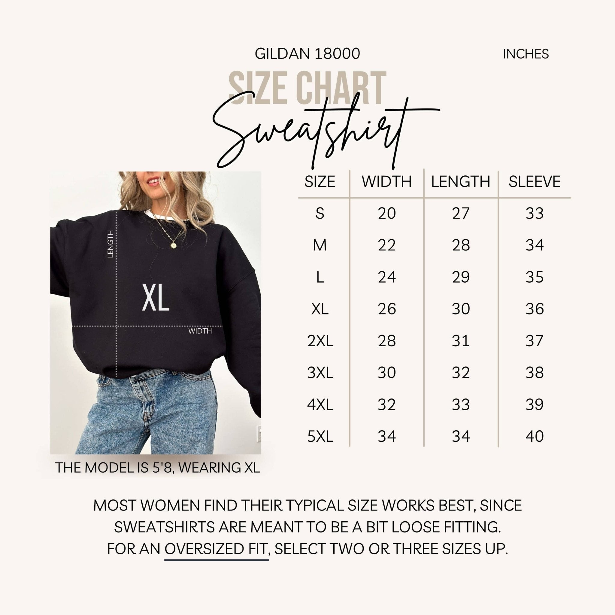 Black Gildan 18000 sweatshirt with "XL" design shown on model wearing size XL, with size chart displaying measurements for S through 5XL.