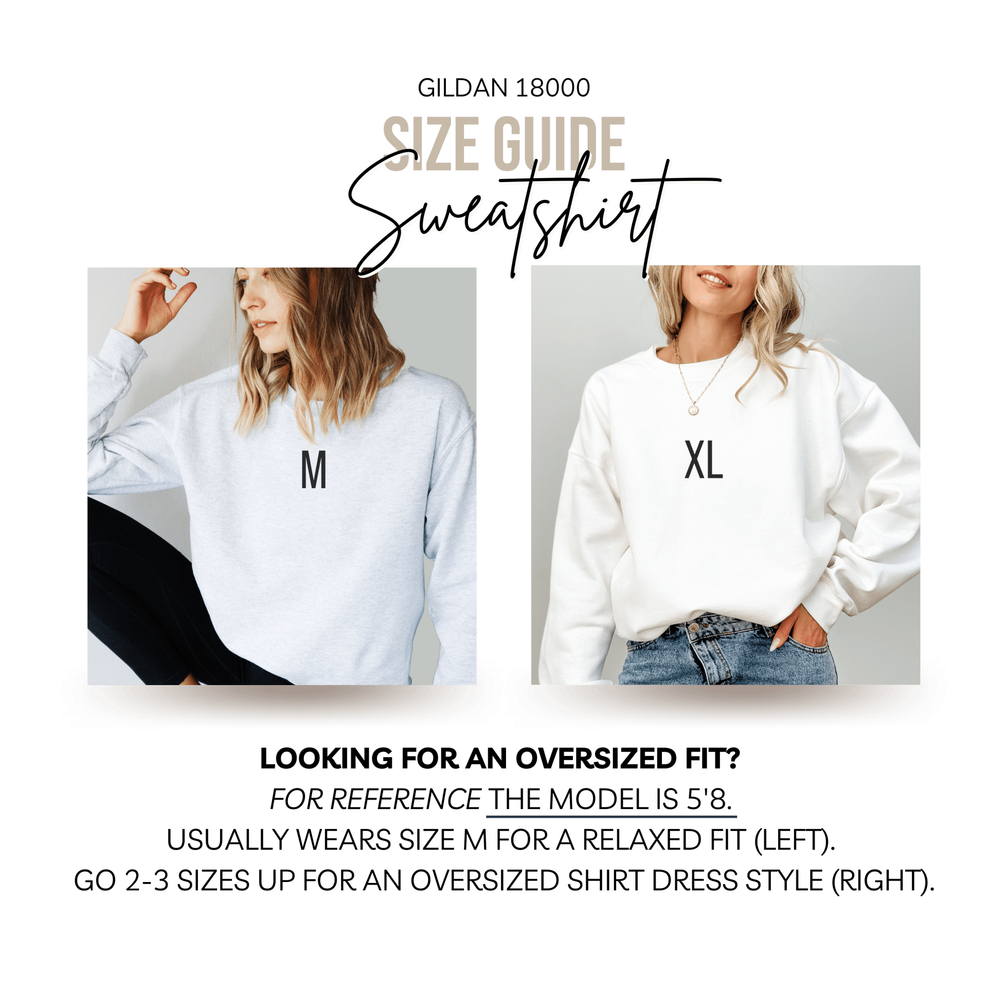 Gildan 18000 sweatshirt size guide showing medium and extra large fits on model, white crewneck sweatshirt sizing chart.