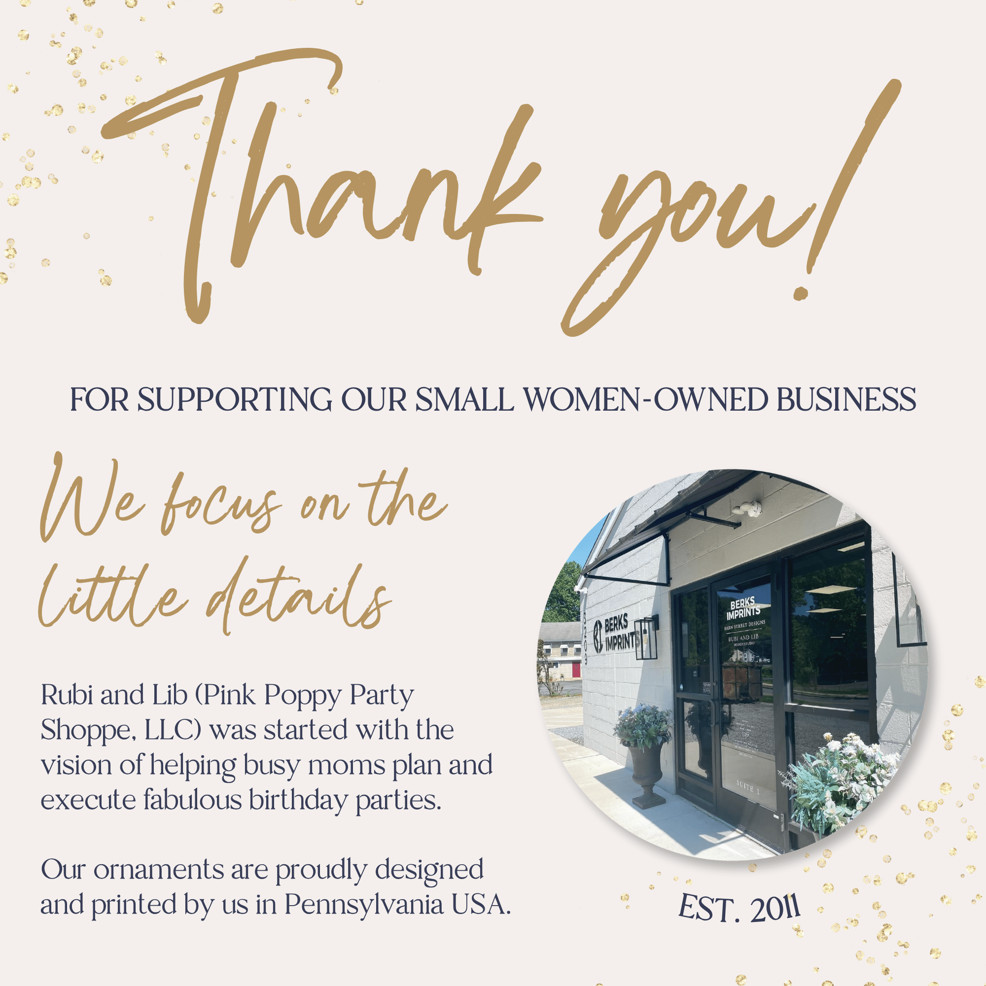 Thank you card with gold script text, business photo, and "Est. 2011" for Rubi and Lib small women-owned business