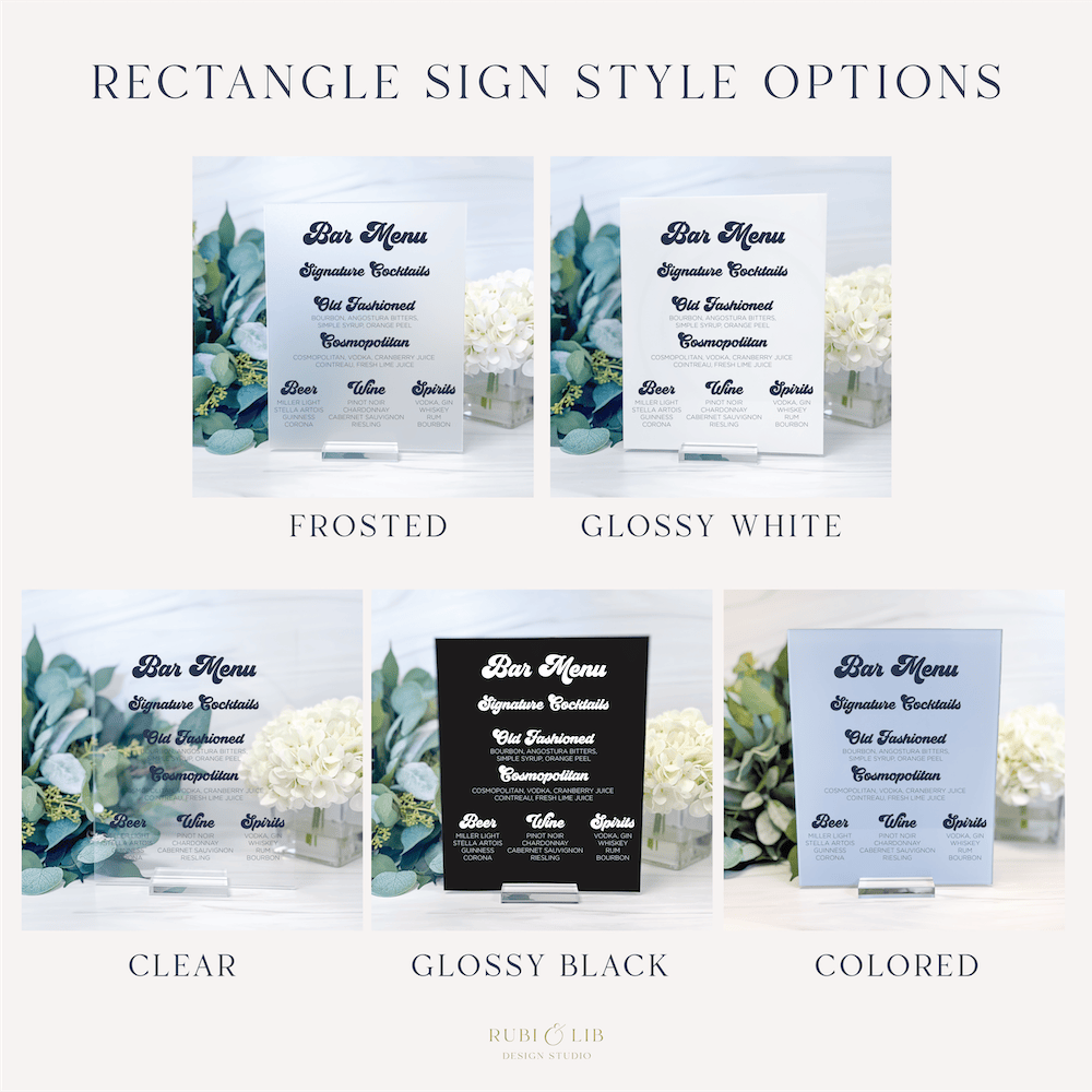 Rectangle acrylic bar menu signs in five finishes: frosted, glossy white, clear, glossy black, and colored, each displaying signature cocktail options.