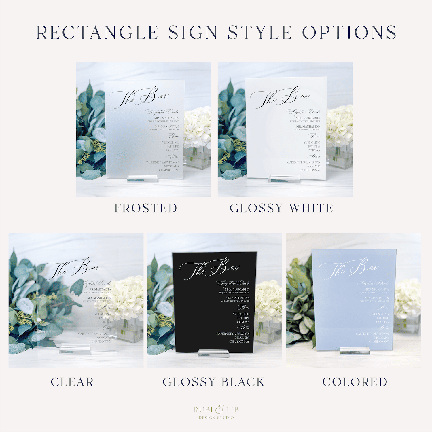 Five rectangle acrylic sign finish options displayed: frosted, glossy white, clear, glossy black, and colored finishes with greenery and "The Bar" text design.