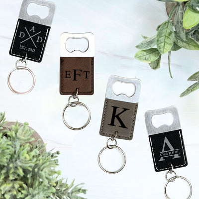 A set of personalized bottle opener keychains featuring brushed silver metal and various colors of faux leather, perfect for practical use and as custom gifts or event favors.