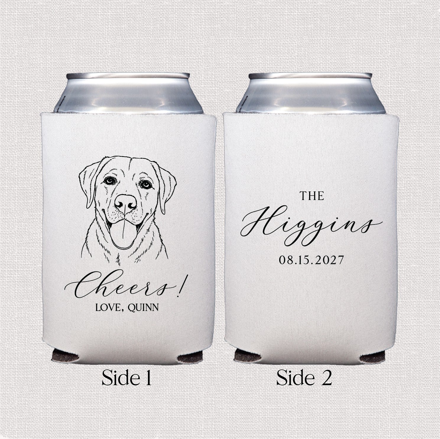 A personalized white can cooler, displayed from two sides, features a custom black line-art illustration of a dog alongside a celebratory phrase on one side, and a family name in script font on the other, ideal for wedding or event keepsakes.