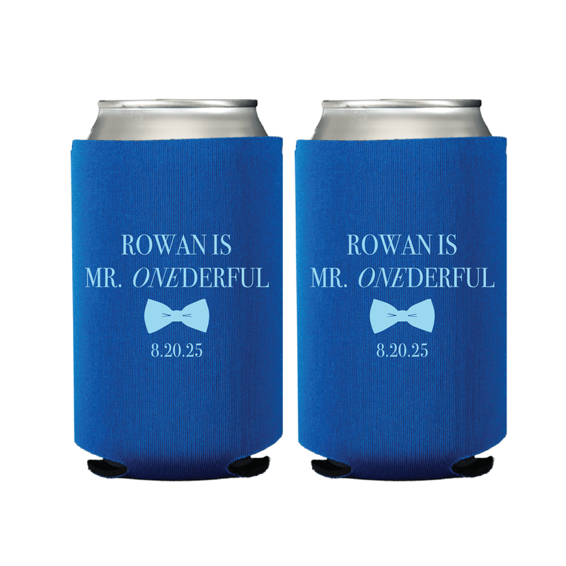 Pair of royal blue can coolers with "ROWAN IS MR. ONEDERFUL" text and bowtie design, personalized with date 8.20.25